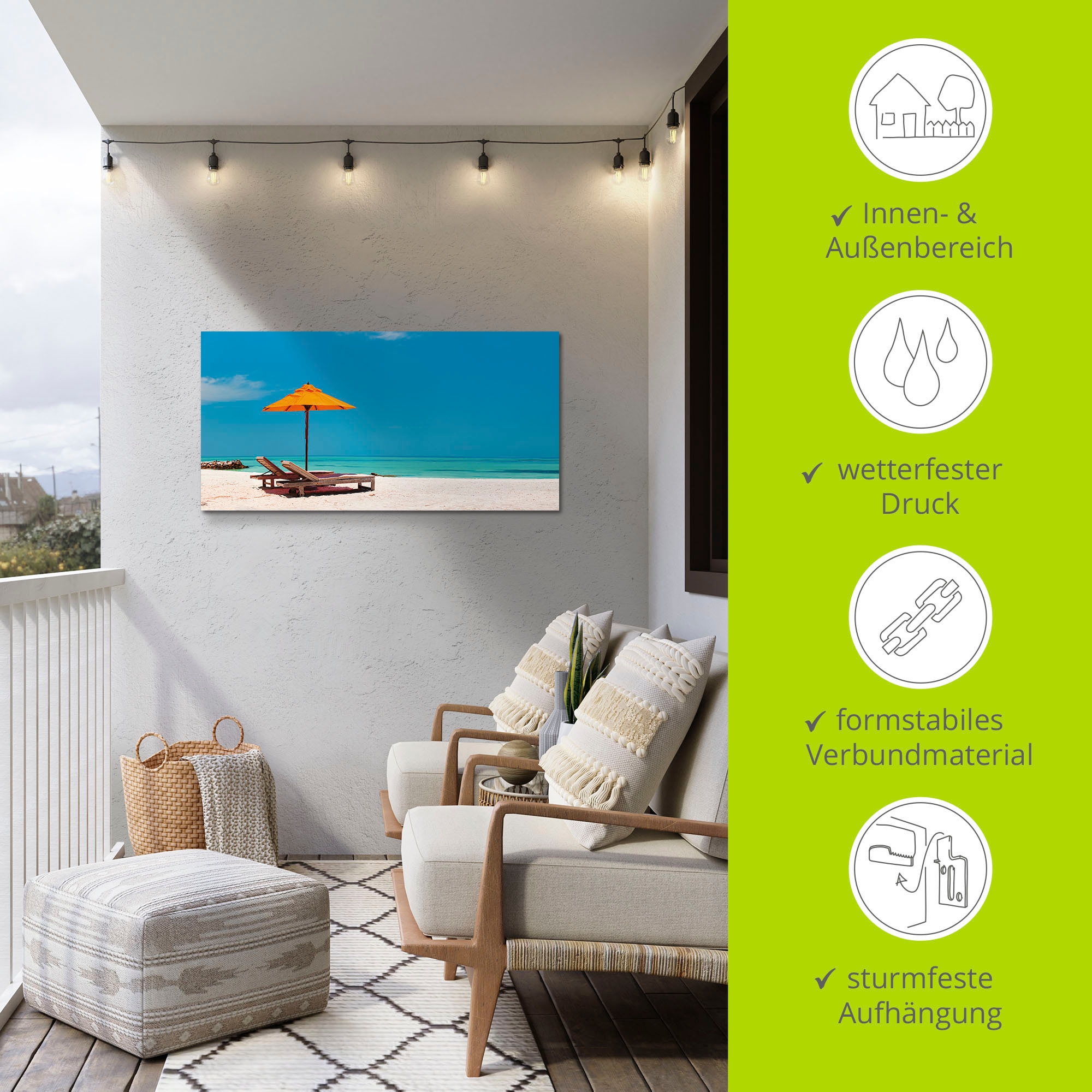 Artland Wandbild »Liegestuhl Sonnenschirm Strand Malediven«, Strand, (1 St.), als Alubild, Outdoorbild, Leinwandbild, Poster, Wandaufkleber