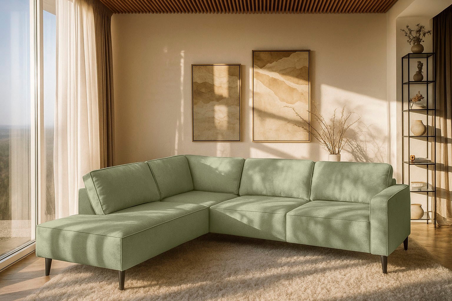 Home affaire Ecksofa »Fumone, Lederoptik oder Soft-Touch Chenille« Breite 260, mit schwarzen Massivholzfüßen