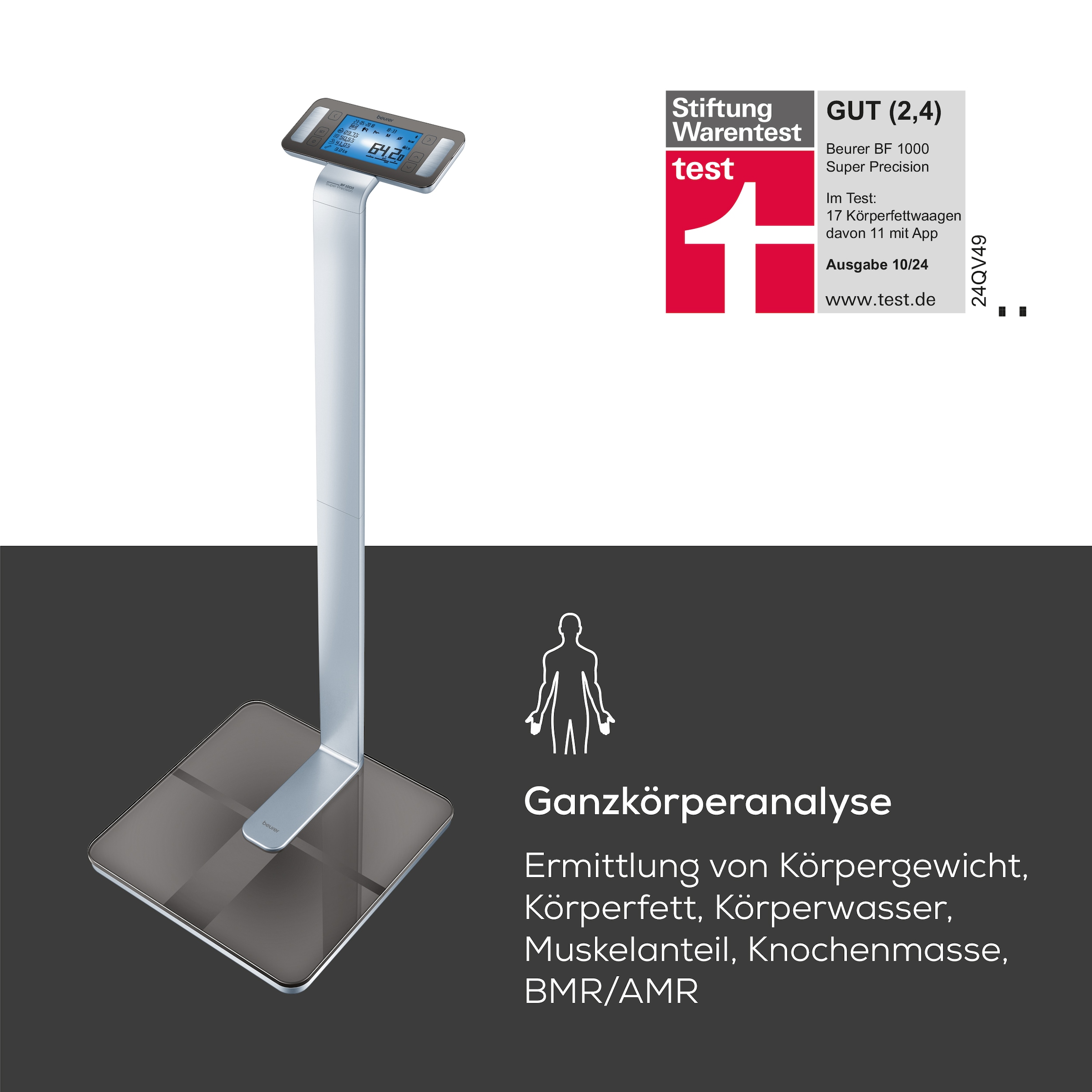 BEURER Körper-Analyse-Waage »BF 1000 zur Überkreuzmessung mit 8 Elektroden zur Ganzkörperanalyse«, Messung von Viszeralfett, Körperfett, Muskelanteil, Knochenmasse etc.