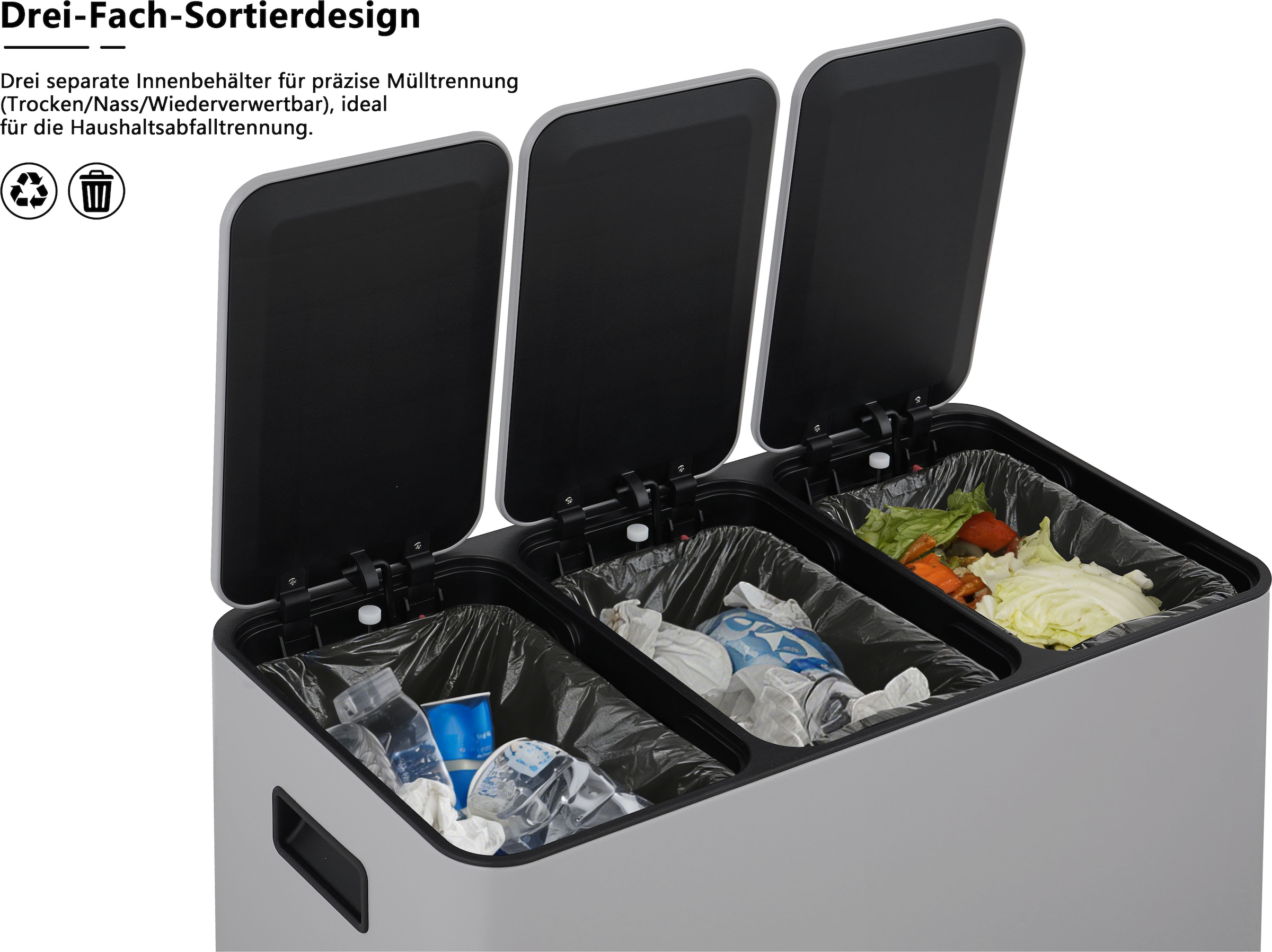 OTTO home Mülleimer »Garrin, Soft Close, Fassungsvermögen 3x 15 Liter« 3 Behälter Mülltrennsystem mit 3 separaten Innenbehältern und Fußtrittpedalen