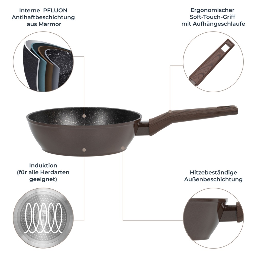 RESTO Kitchenware Bratpfanne »Carina, tiefe Schmorpfanne mit holzähnlichem Soft-Touch-Griff«, Aluminium, (1 tlg.), mit Marmor-Antihaftbeschichtung, 4-lagig, für alle Herdarten geeignet