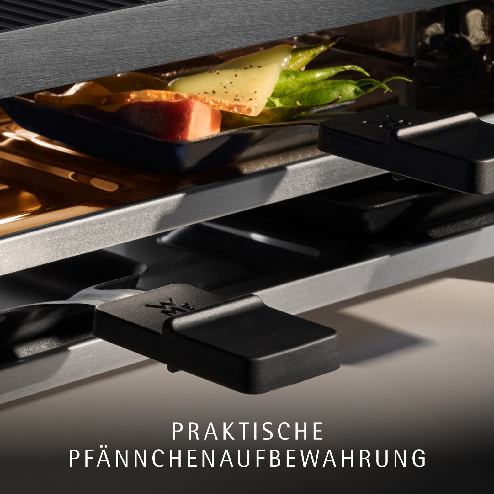 WMF Raclette »LONO« 4 Stk. Raclettepfännchen 870 W LED-Beleuchtung, Aufbewahrungsfach für unbenutzte Pfännchen