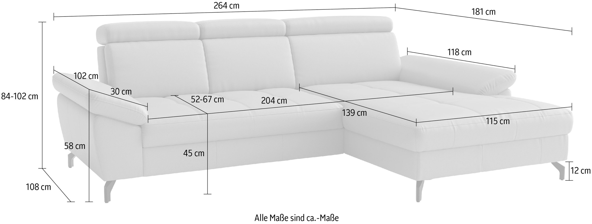 sit&more Ecksofa »Vanity L-Form, B: 264 cm, Leder« Inkl.Sitz-,Kopf-und Armteilverstellung