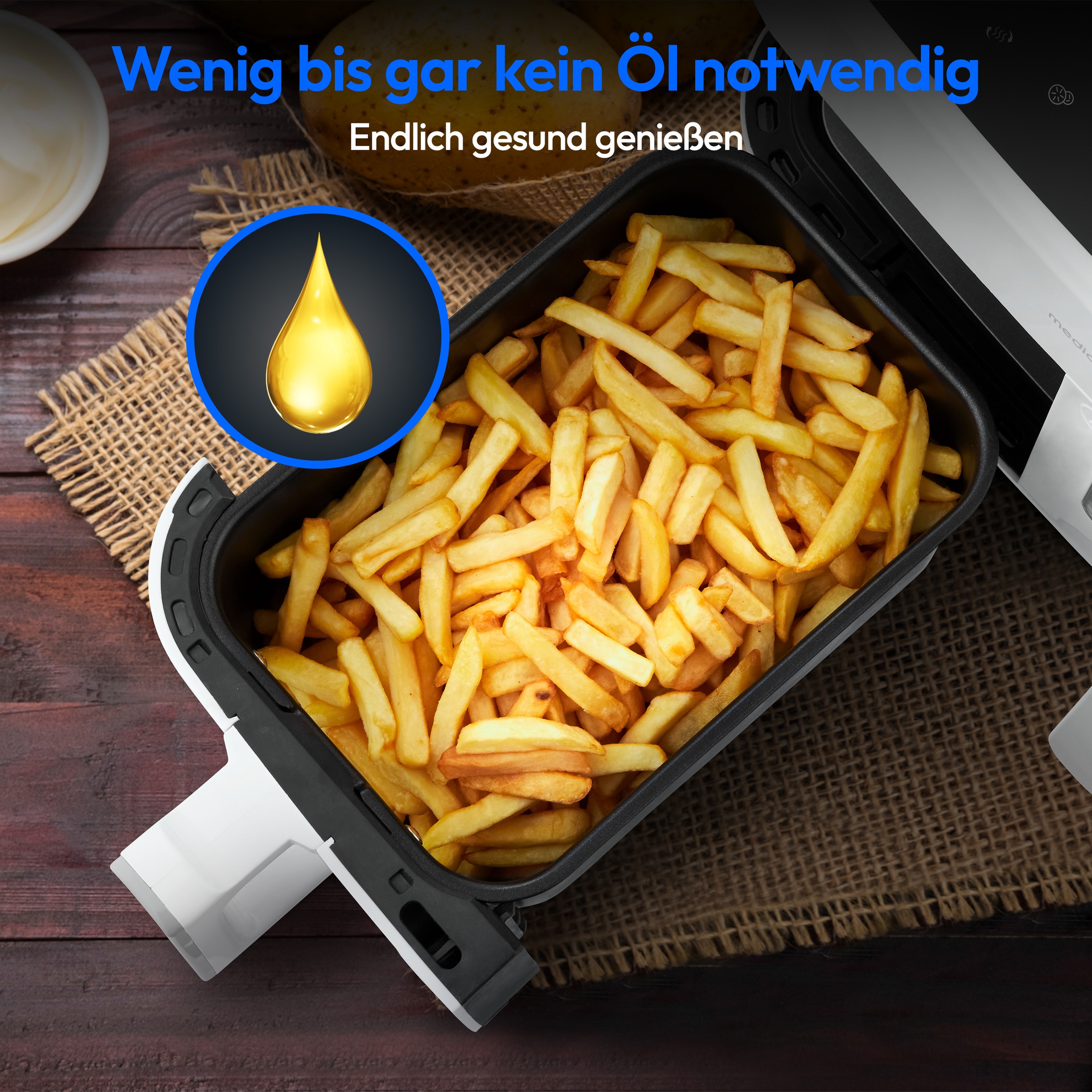 Medion® Heißluftfritteuse »P20 XL (MD 11760) 8,7 L Korbvolumen, 9 Automatikprogramme, Dual Cook«, 2400 W, Temperatur 50 - 200 °C, ILAG Beschichtung, Sync-Finish