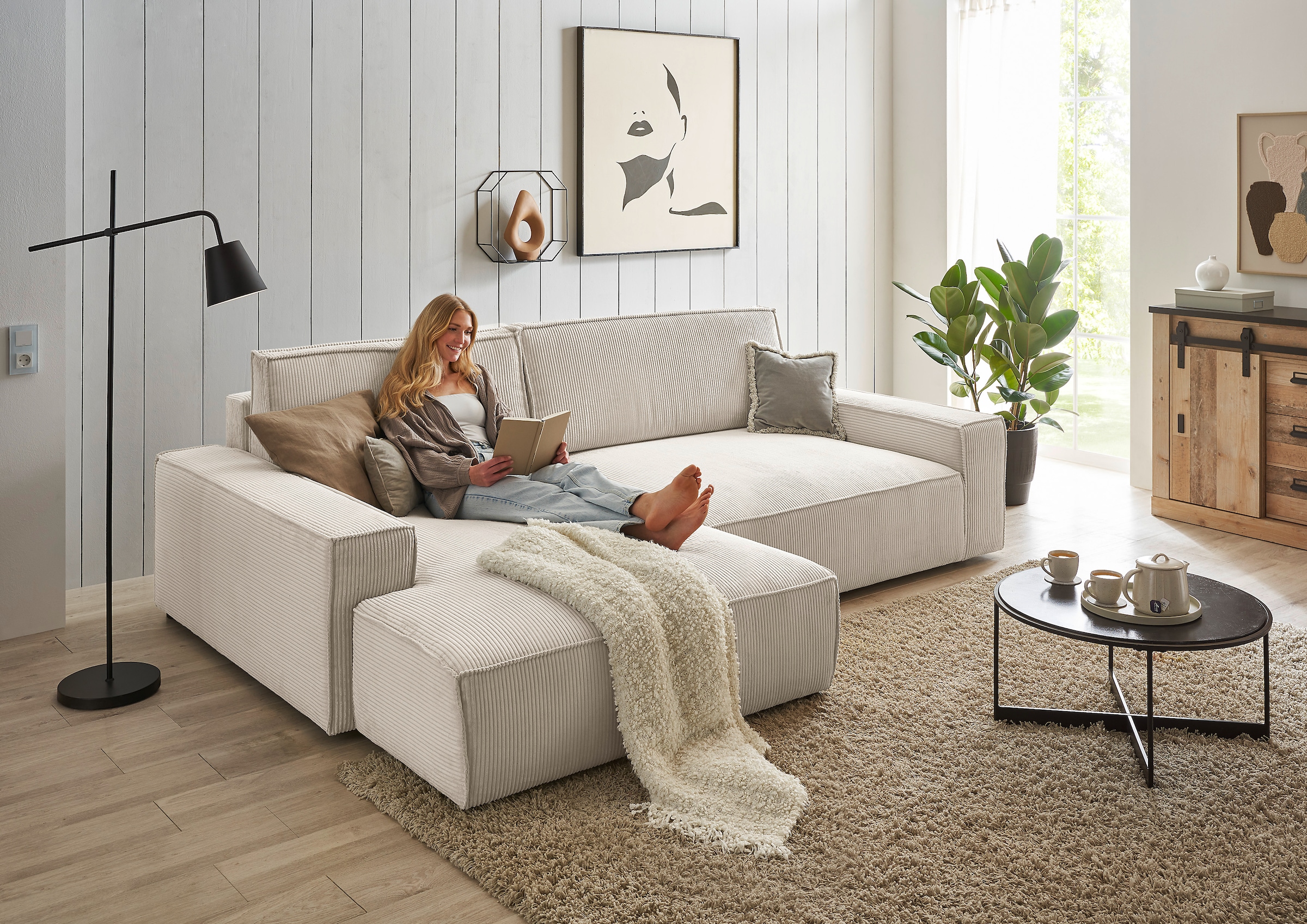 Home affaire Ecksofa »NEU: SHERWOODL XXL 284, Big-Sofa L-Form, tiefe Sitzfläche 95 cm, Cord,«, Leinenoptik, Recamiere rechts/links, auch als Schlafsofa stellbar
