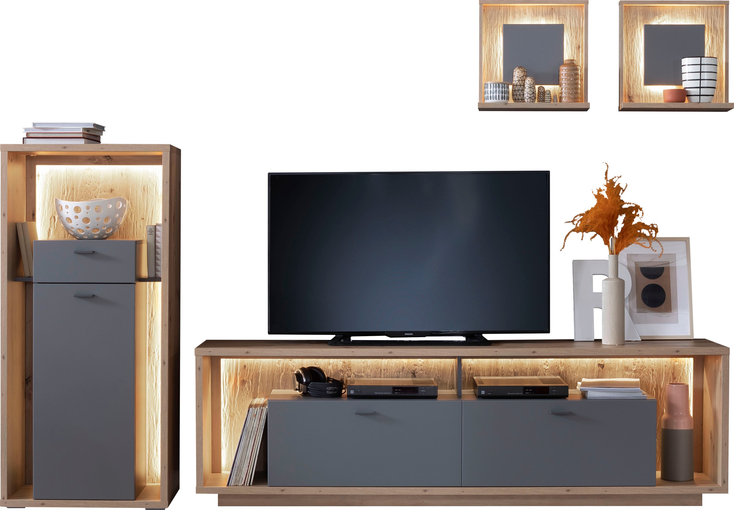 MCA furniture Wohnwand »Lizzano«, (Set, im Rückwand, St.), mit wahlweise modernen 3-D 4 Beleuchtung bestellen mit Landhausstil online