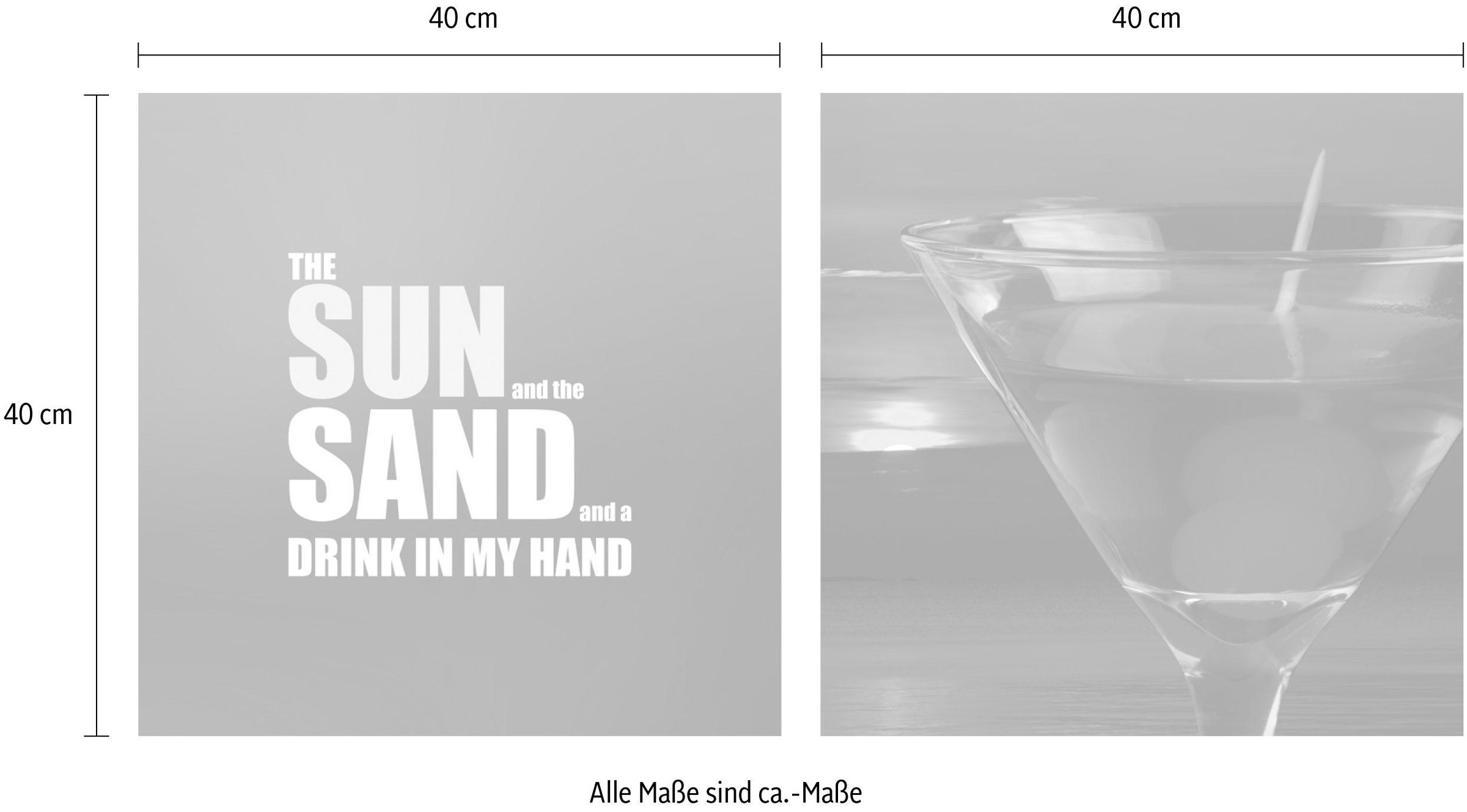 queence Leinwandbild »Sun, Sand & Drink«, Getränke-Bar & Lounges-Kunst-Modern-Spa-Spa Bilder-Sprüche-Sprüche & Texte-Schriftzug-Schriftzüge, (Set), Premium-Leinwandstoff, Handarbeit aus Deutschland, Spruch, 2er Set