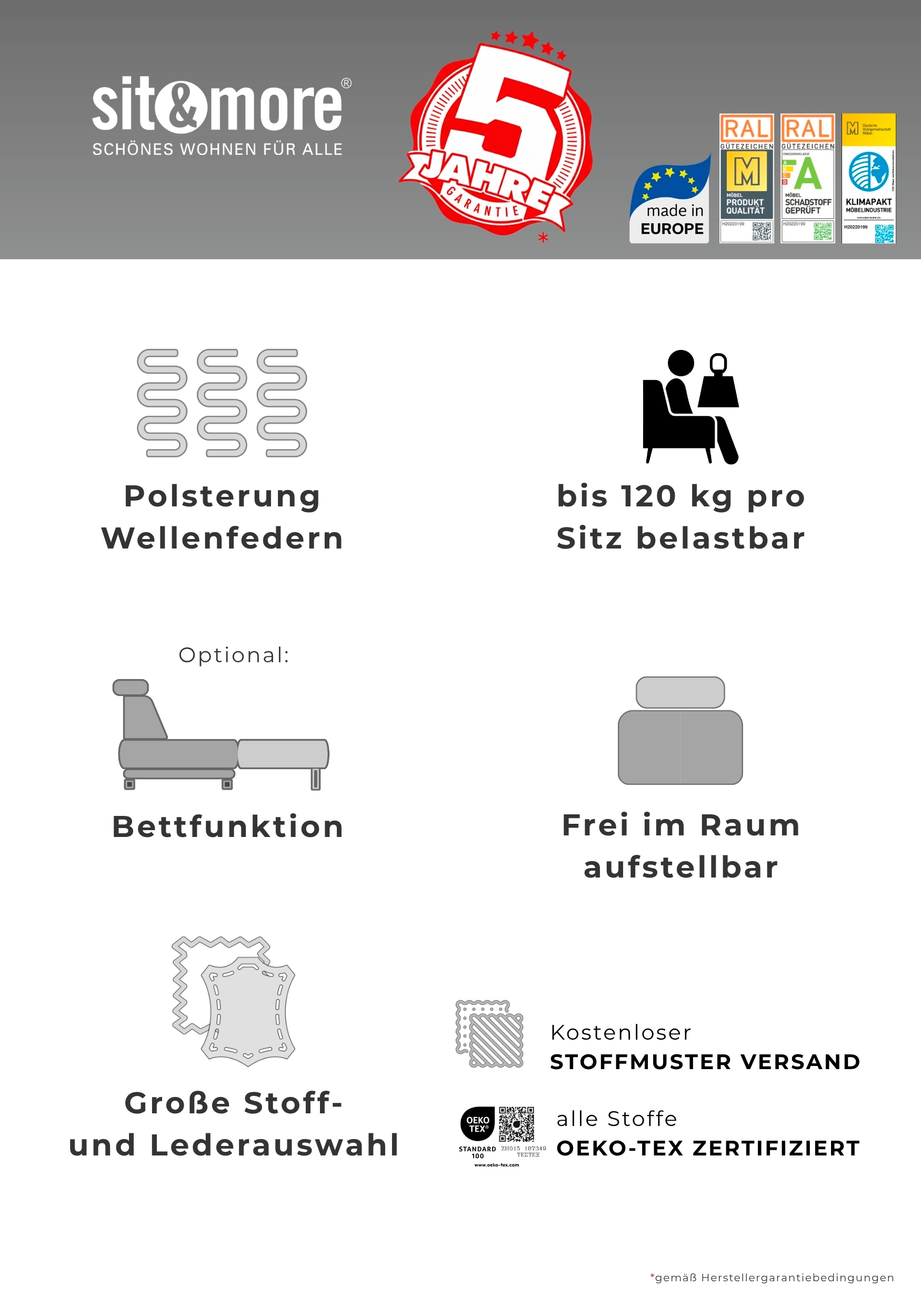 sit&more Ecksofa »Mailand L-Form, B: 250 cm, Komfortsitzhöhe 46 cm« optional Schlaffunktion, Eckcouch in Kunstleder & Stoff