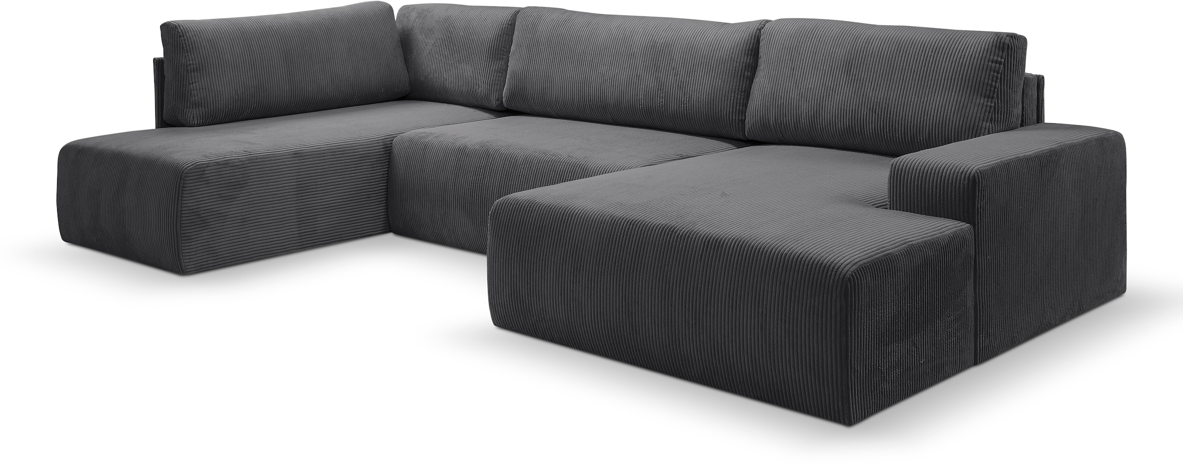 WERK2 Wohnlandschaft »Rotterdam-U, U-Form, in kuschelweichem Cord oder Breitcord«, Design Sofa mit Schlaffunktion & Bettkasten, Cord, Anthrazit