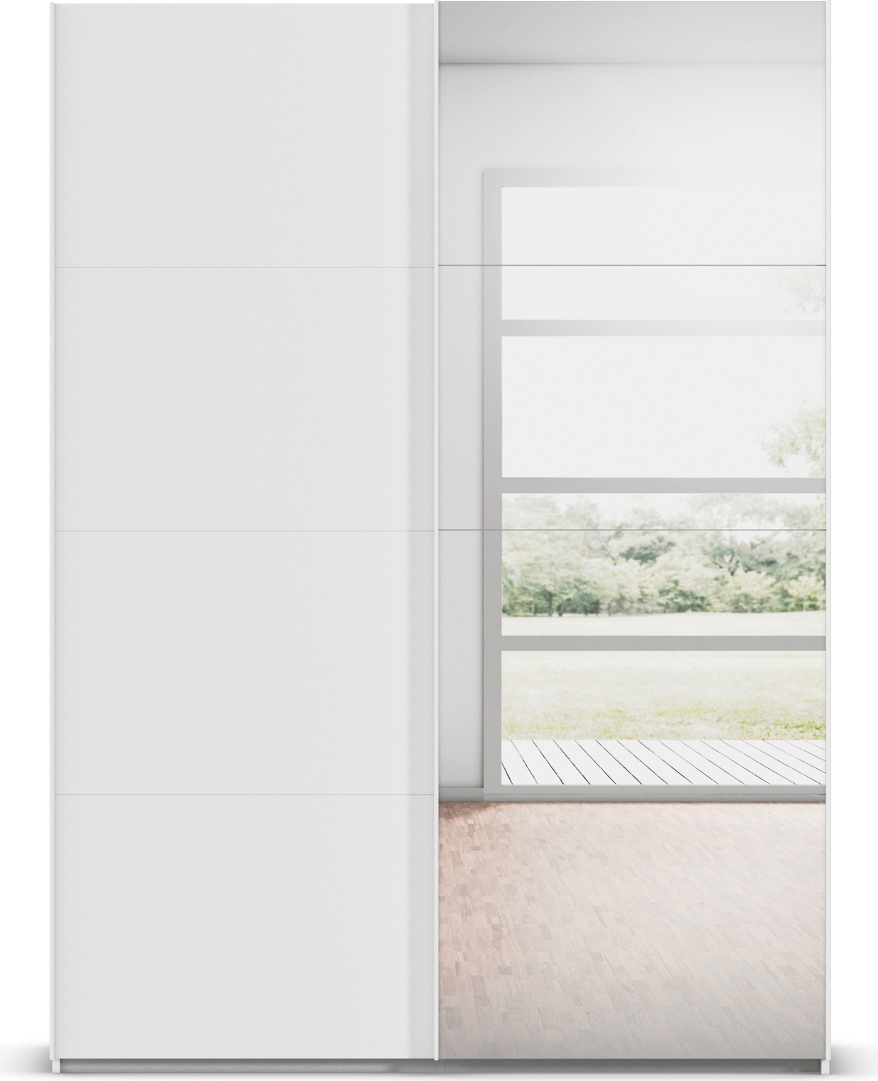 rauch Schwebetürenschrank »Kleiderschrank Schrank Garderobe Schlafzimmerschrank EVELYN«, in elegantem Stil mit Spiegel 5 Breiten viel Stauraum MADE IN GERMANY