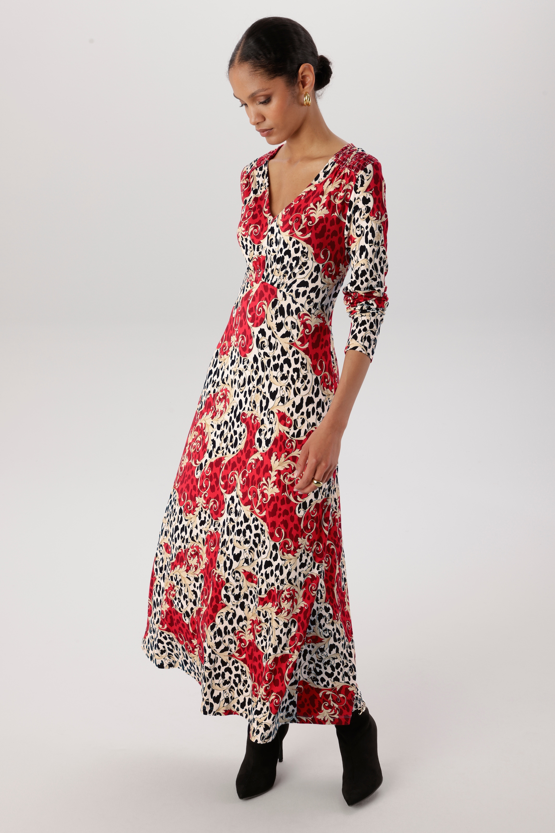 Aniston SELECTED Midikleid mit Smok-Details und fantasievollem Leo-Print - NEUE KOLLEKTION
