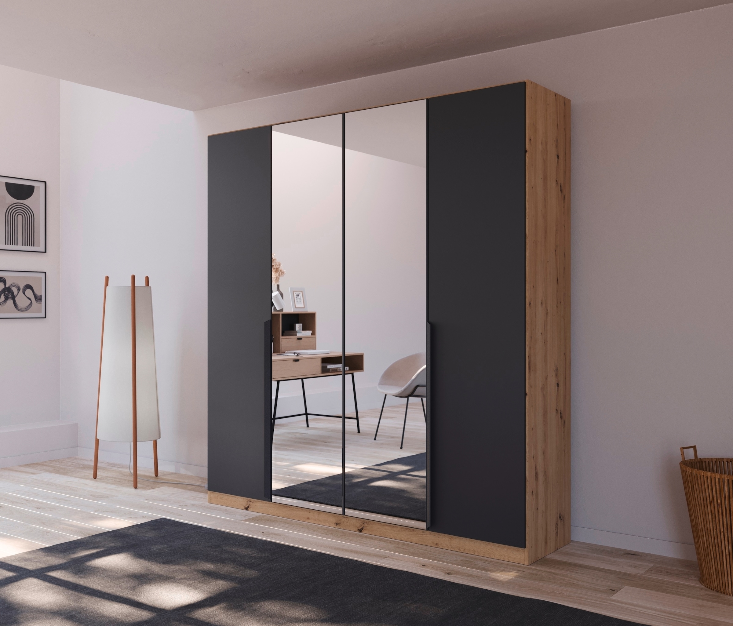 rauch Drehtürenschrank »Dark&Wood by Quadra Spin« im Industrial Style mit Metallgriffstangen, mit Spiegel