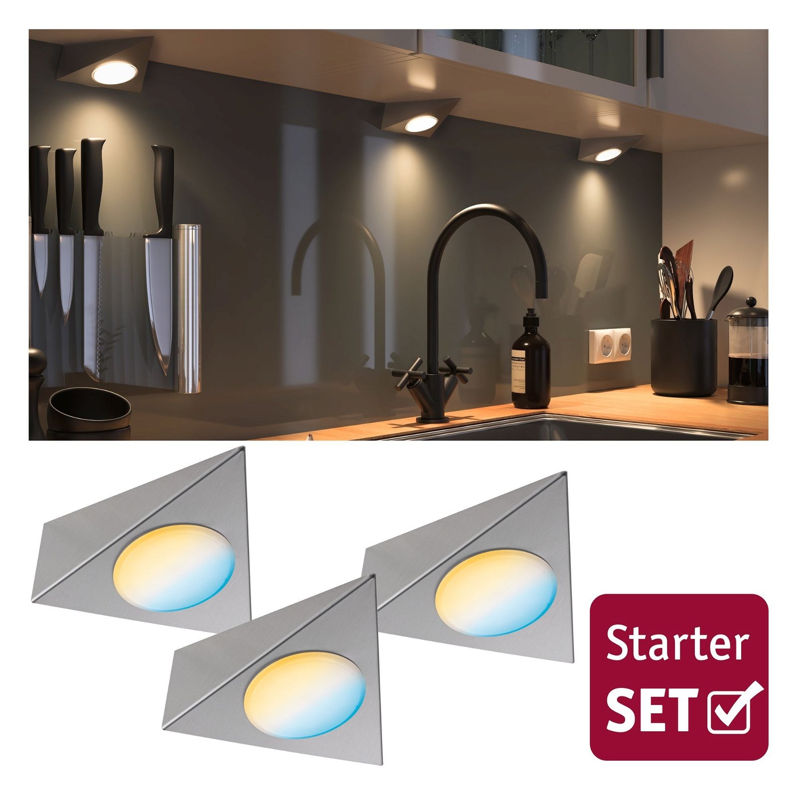 Paulmann Unterschrankleuchte »Clever Connect Trigo 3x2,1W 12VA DC 12V Nickel gebürstet/Metall«, 3 flammig, Starter-Set, 2700-6500K