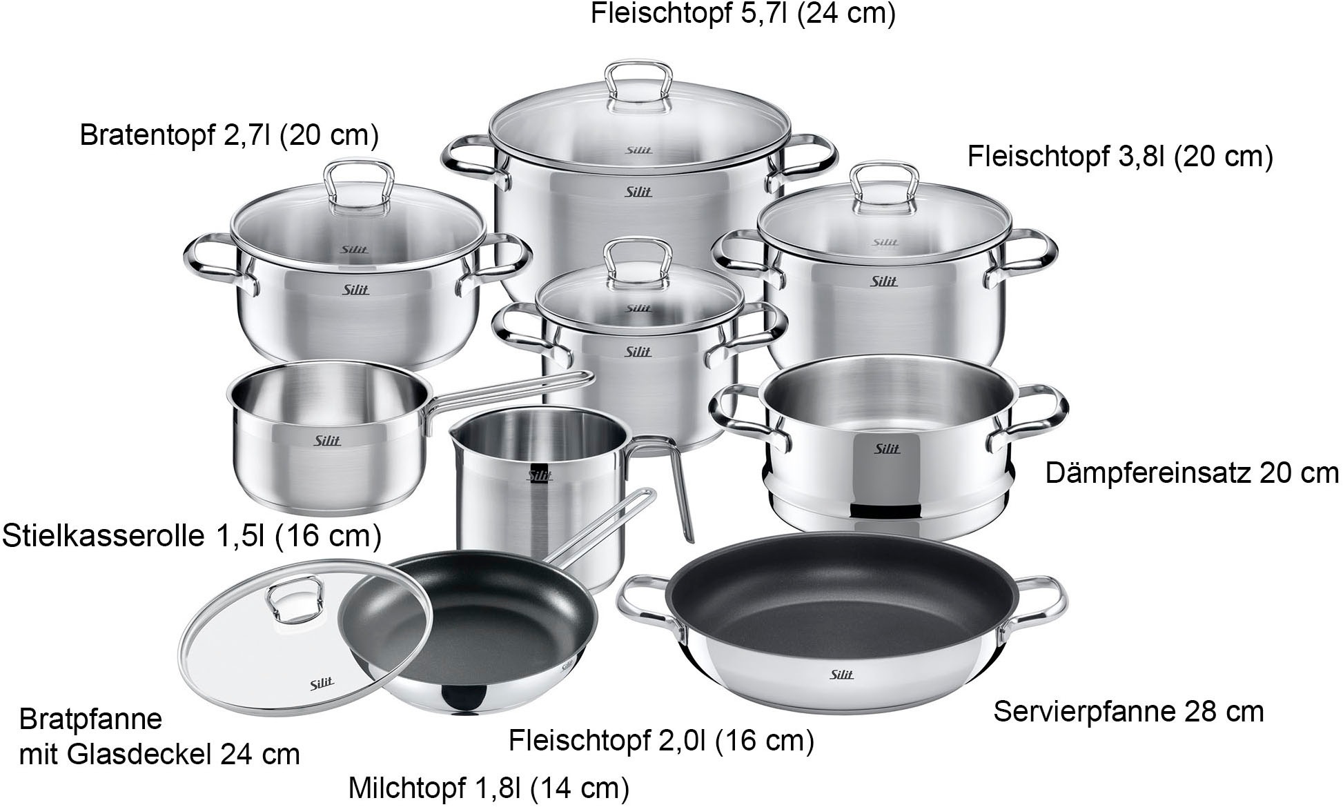 Silit Topf-Set »Toskana«, Edelstahl 18/10, (Set, 14 tlg., mit Milchtopf und Dampfgareinsatz), Silitherm-Allherdboden, induktionsgeeignet, spülmaschinengeeignet