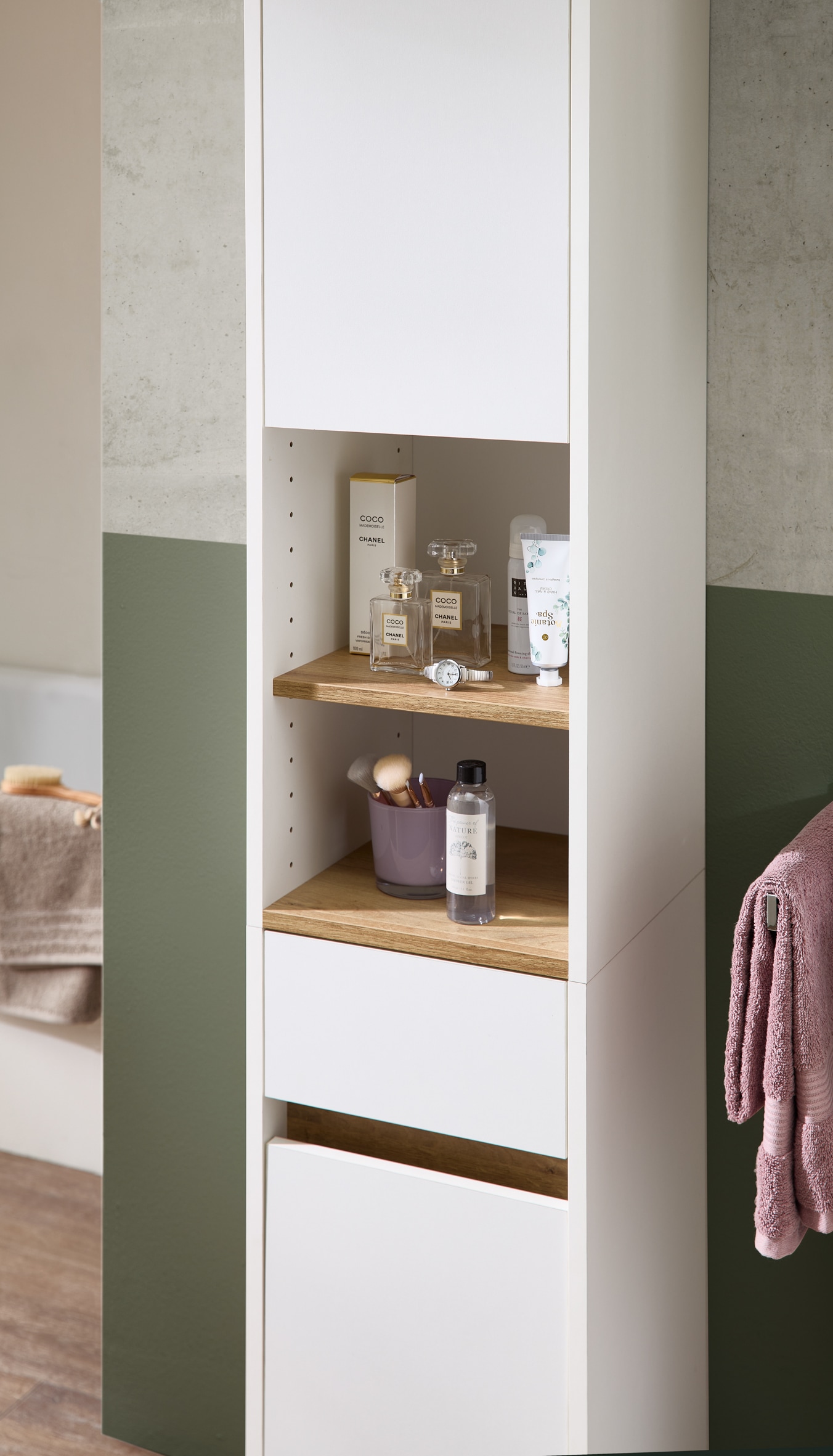 Saphir Hochschrank »Quickset 100, Badschrank 32,4 cm, 2 Türen und 1 Schublade« 3 Einlegeböden, 2 offene Fächer, Badezimmer-Hochschrank, Akzentfuge