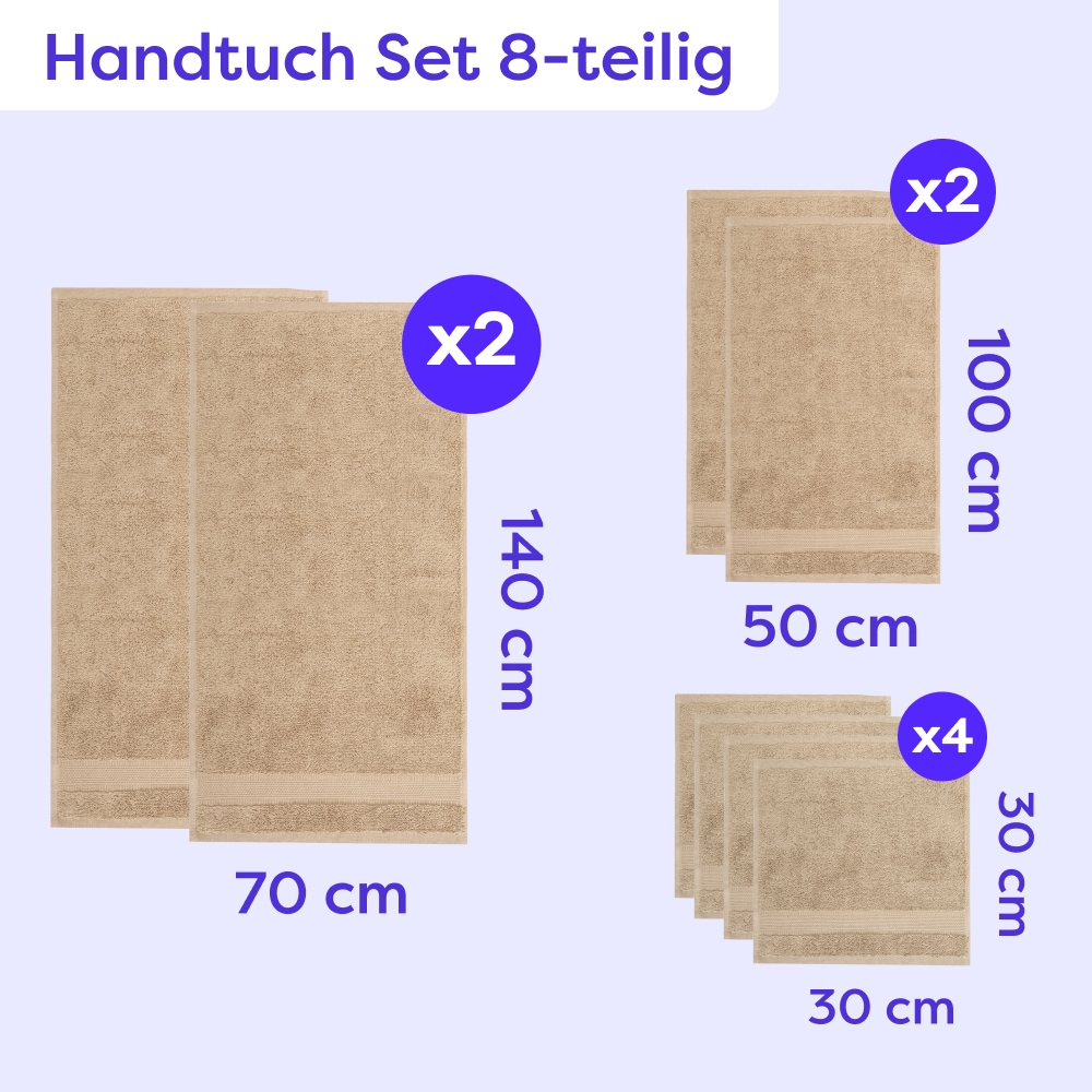 Wolkenfeld Handtuch Set »Premium Low-Twist Baumwolle 550 g/m² – 8-teilig mit Waschlappen« 8 tlg. Frottier 2 Badetücher, 2 Handtücher groß & 4 Waschlappen