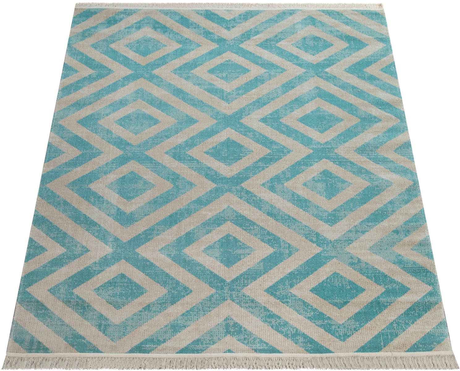 Paco Home Teppich »Poco 821«, rechteckig, 6 mm Höhe, Kurzflor, Rauten Design, mit Fransen, In- und Outdoor geeignet