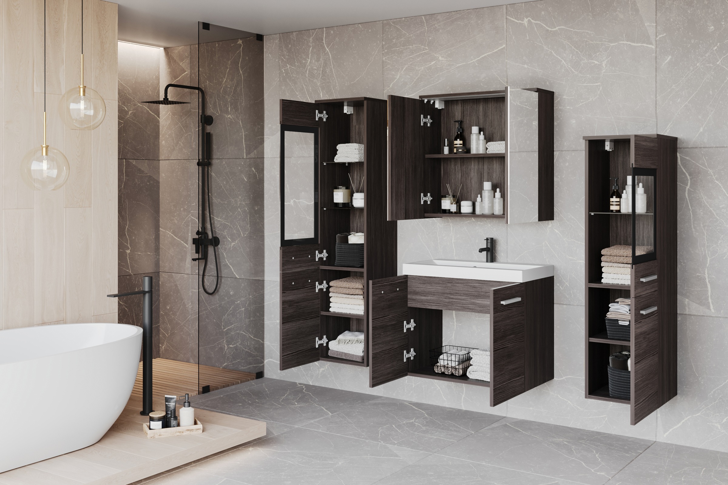 welltime Badmöbel-Set »MADRIT II, Schrank mit Waschbecken, 2 Hänger, Spiegelschrank«, (Komplett-Set, 5 St.), Hängende Badmöbel mit Glaseinsätzen – in vielen Farben erhältlich