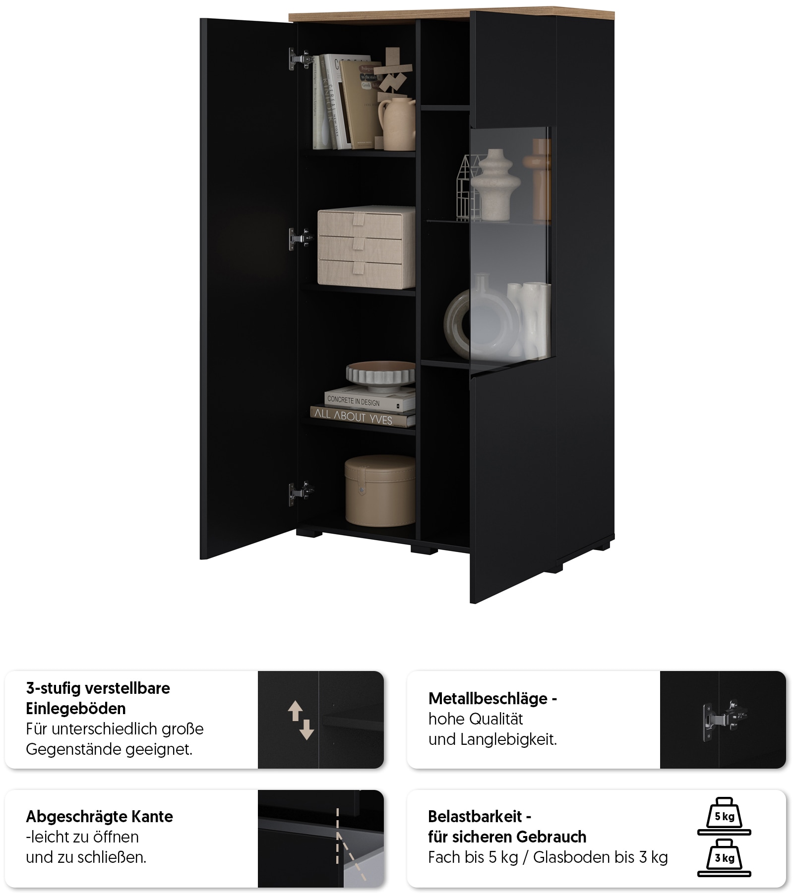 OTTO home Vitrine »Modo, Breite 80 cm, moderner griffloser Vitrineschrank« Vitrine mit viel Stauraum, Einlegeböden verstellbar, Glastür