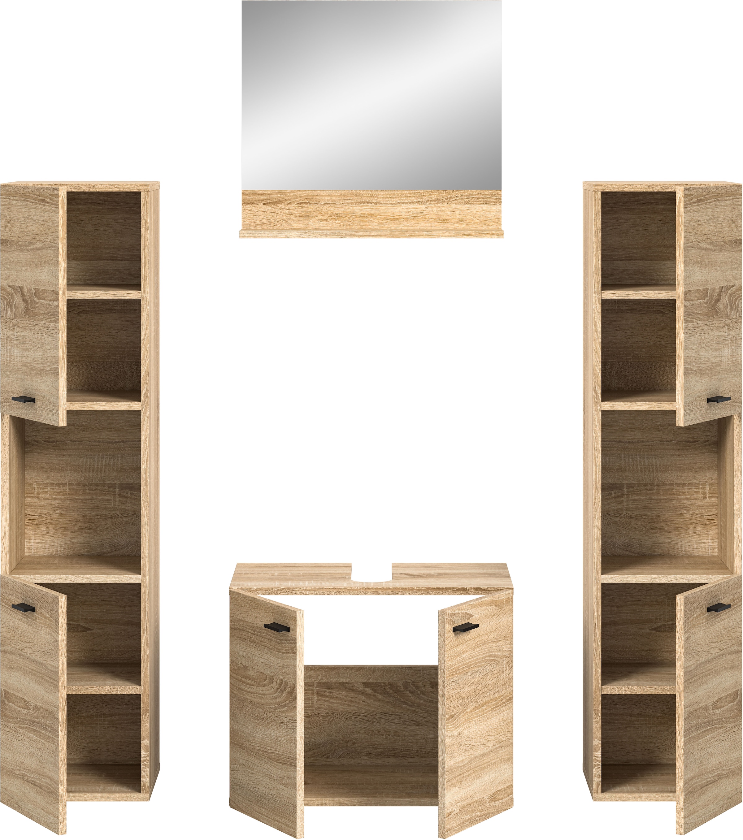 welltime Badmöbel-Set »Tampa, Breite 137cm, 4-teilig«, (4 St.), Waschbeckenunterschrank, Spiegel, Hochschrank