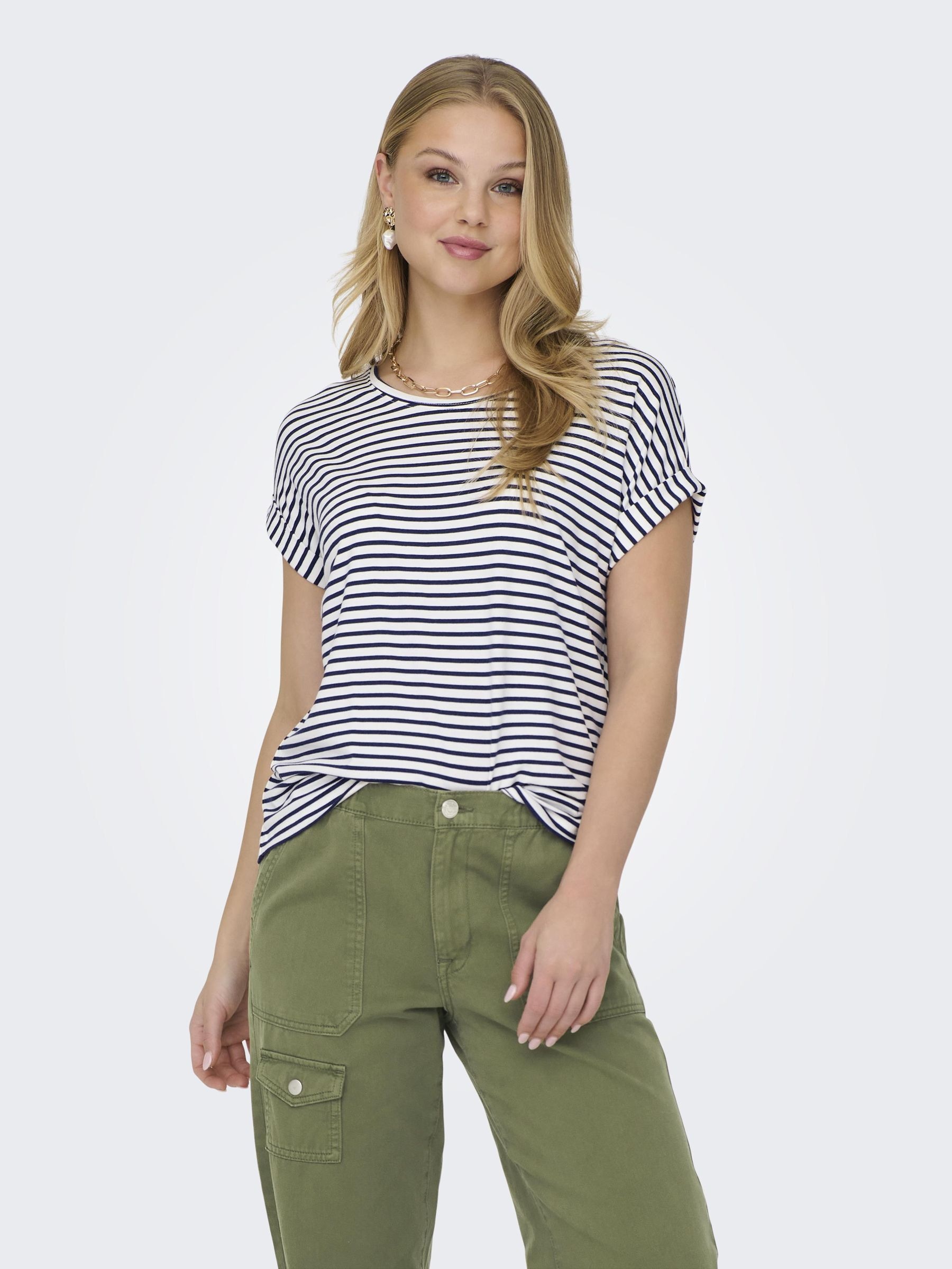 ONLY Kurzarmshirt »ONLMOSTER STRIPE S/S O-NECK TOP JRS NOOS« gestreift, lässig geschnitten, Jersey, Rundhals, Viskosemischung