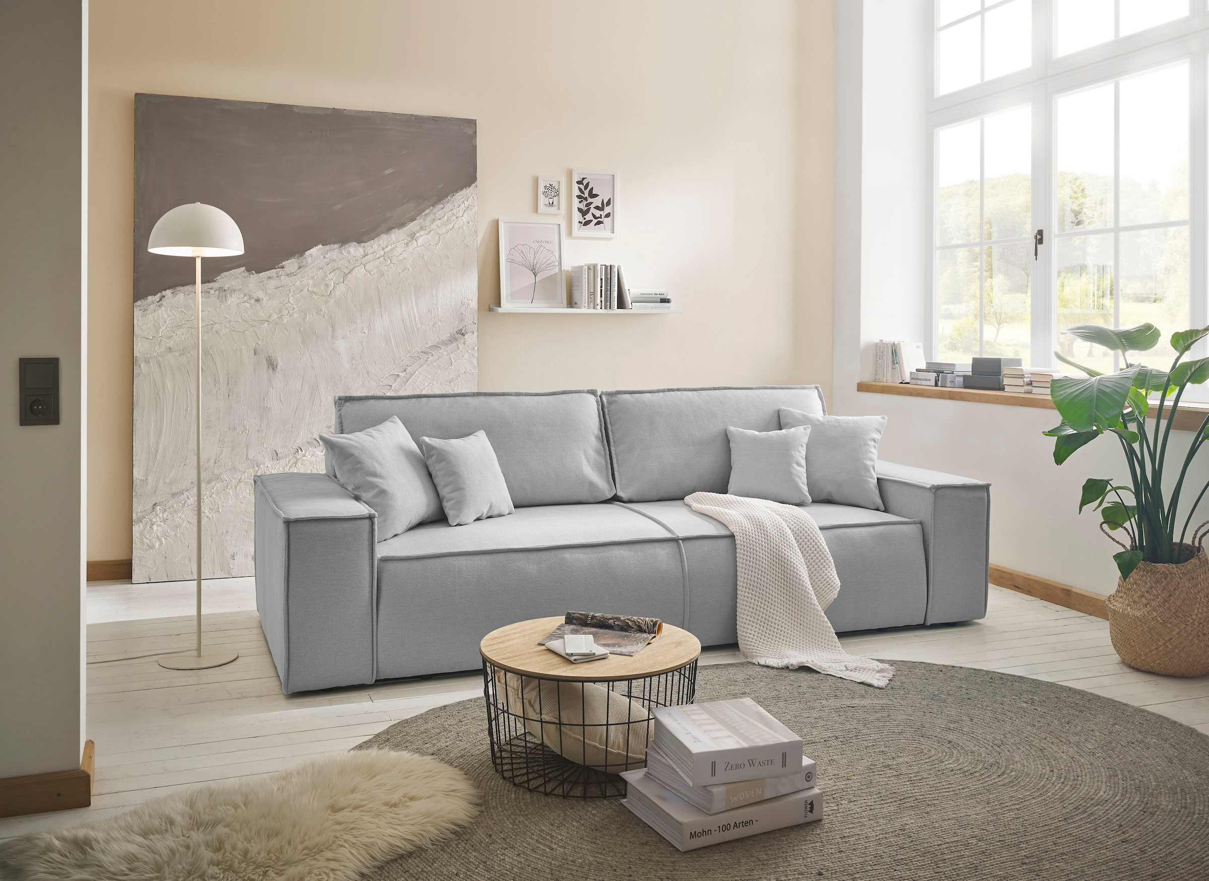 andas 3-Sitzer »FINNLEY Schlafsofa 257 cm, Schlaffunktion mit Bettkasten (200/136cm)«, in Aqua Clean-Bouclé, Struktur fein u. Cord