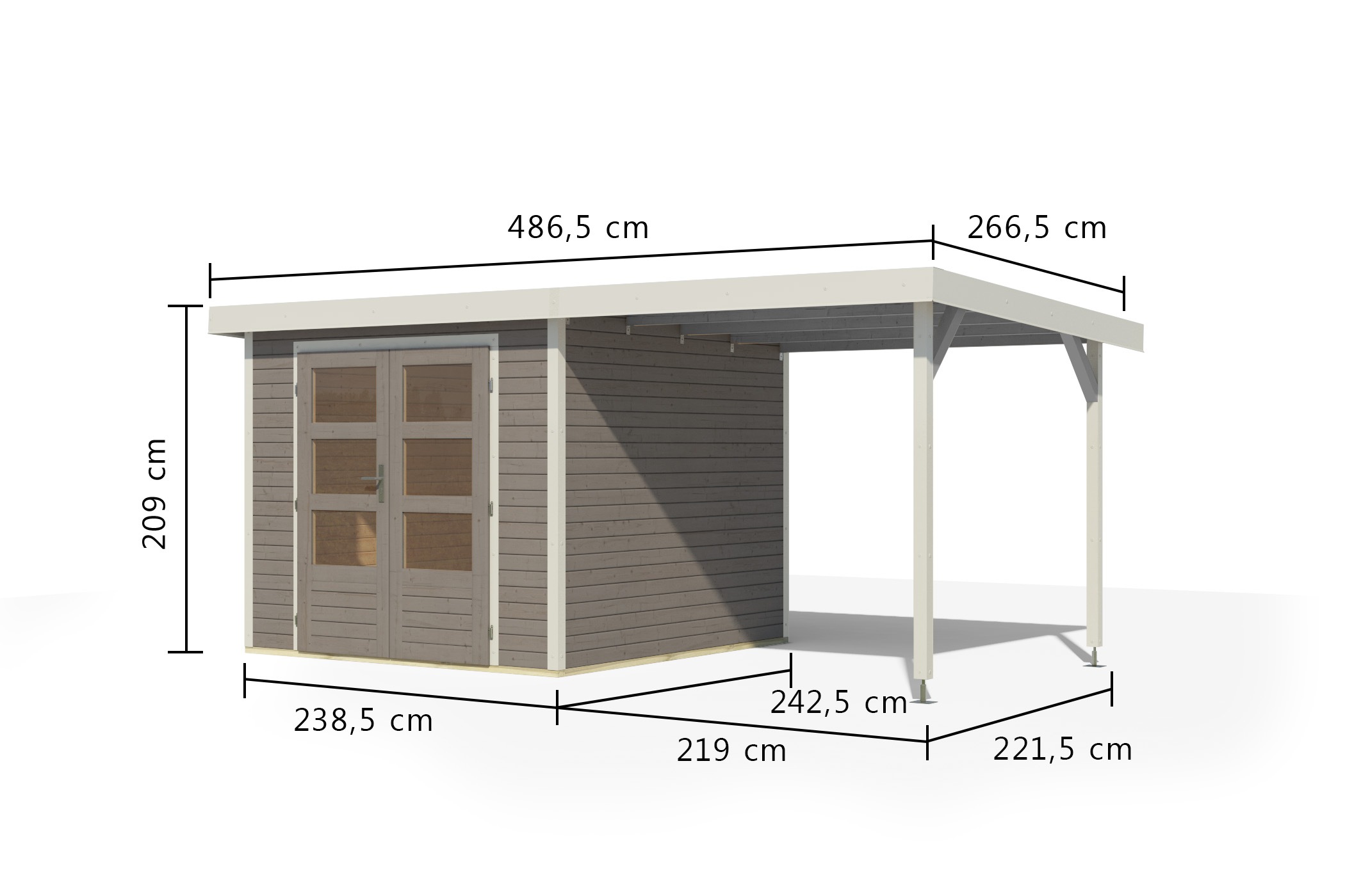 Karibu Gartenhaus »"Jupiter 3,5 D" SET wassergrau, mit Anbaudach 2,35 m breit«, hochwertige Materialien: nordische Fichte, Stahlecken, Trapezblechdach