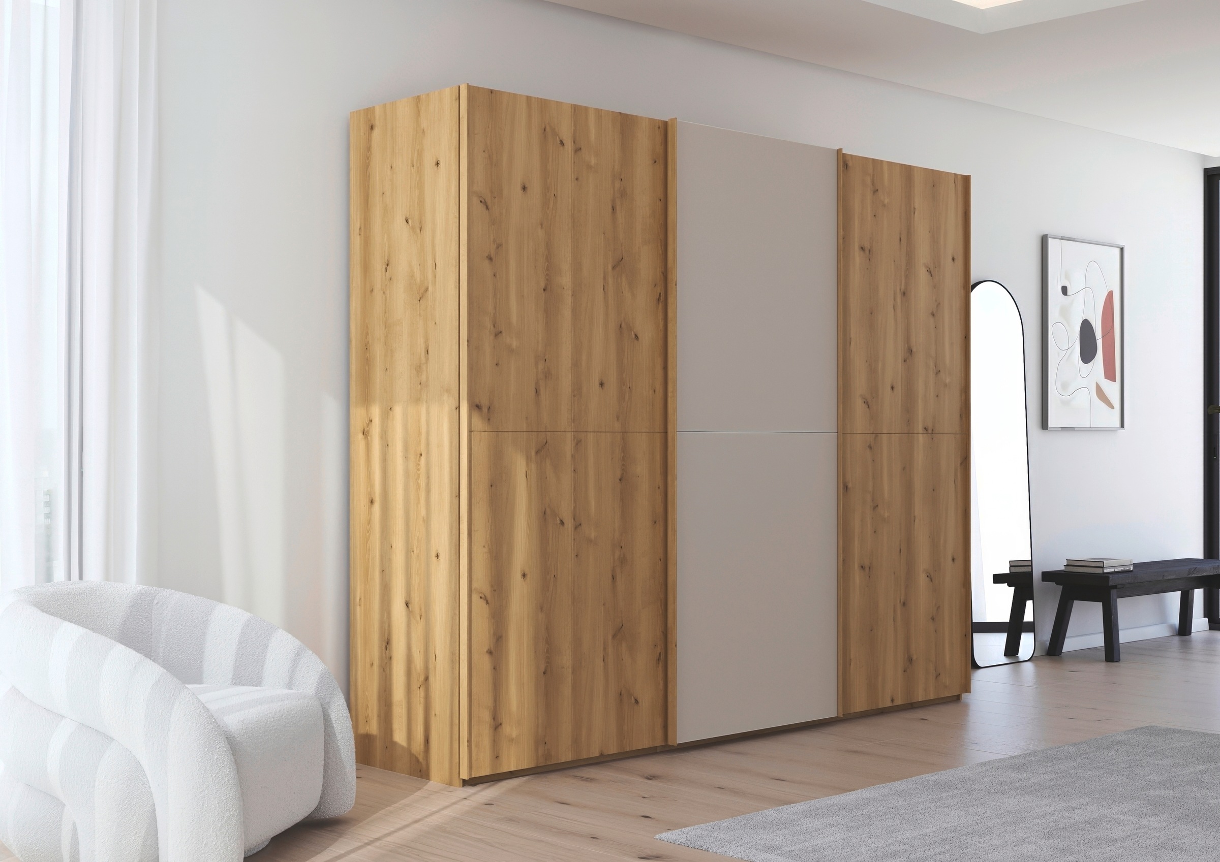 rauch Schwebetürenschrank »Kleiderschrank Schrank Garderobe Schlafzimmerschrank SCALE-WOOD«, edle geteilte Front in massiver Asteiche mit Glastüren MADE IN GERMANY