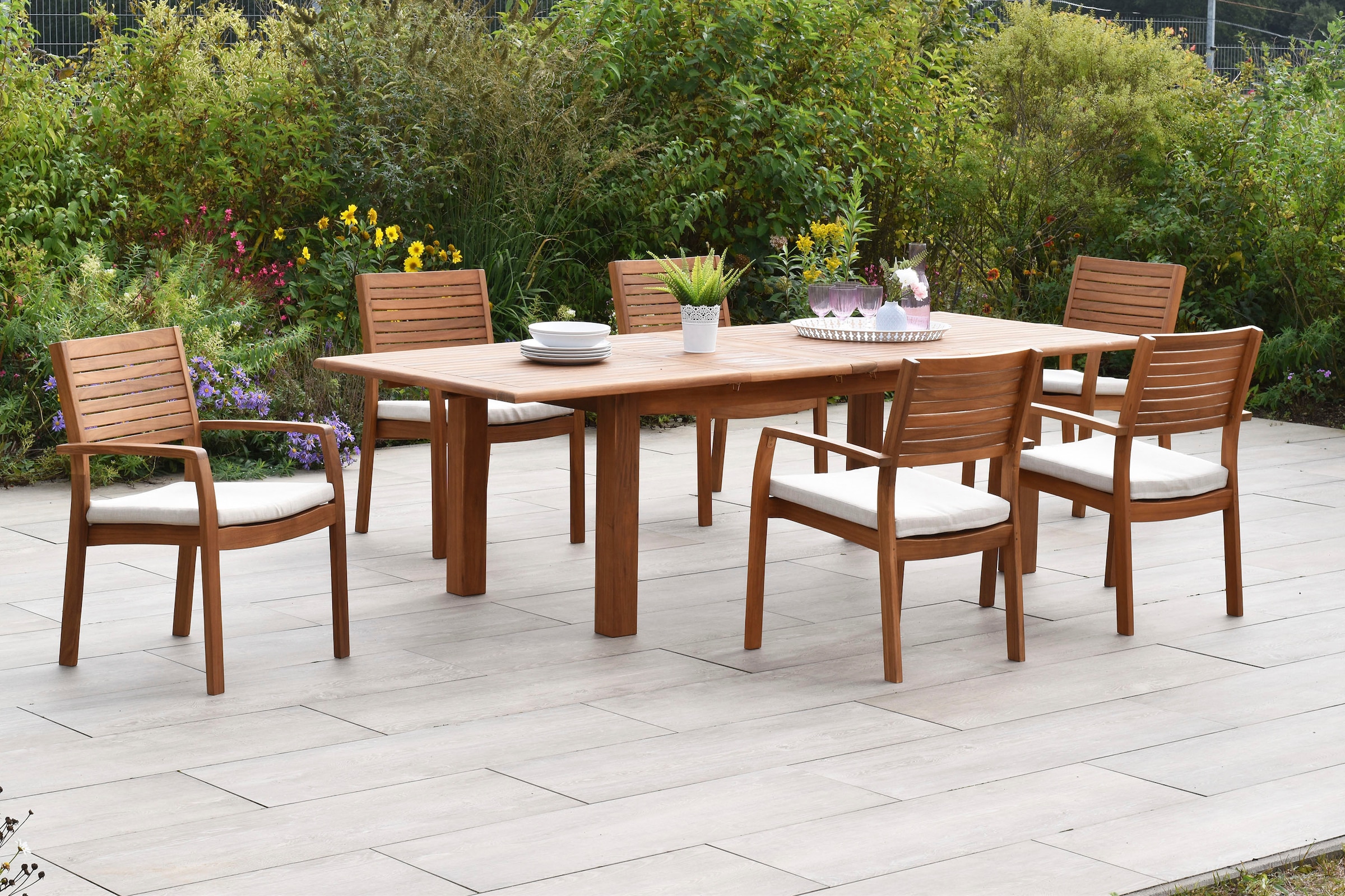 MERXX Garten-Essgruppe »»Batavia««, (Set, 13 tlg., Tisch doppelt ausziehbar: 100x 180/220/260x 75 cm), moderne Landhausoptik in warmen Holznuancen