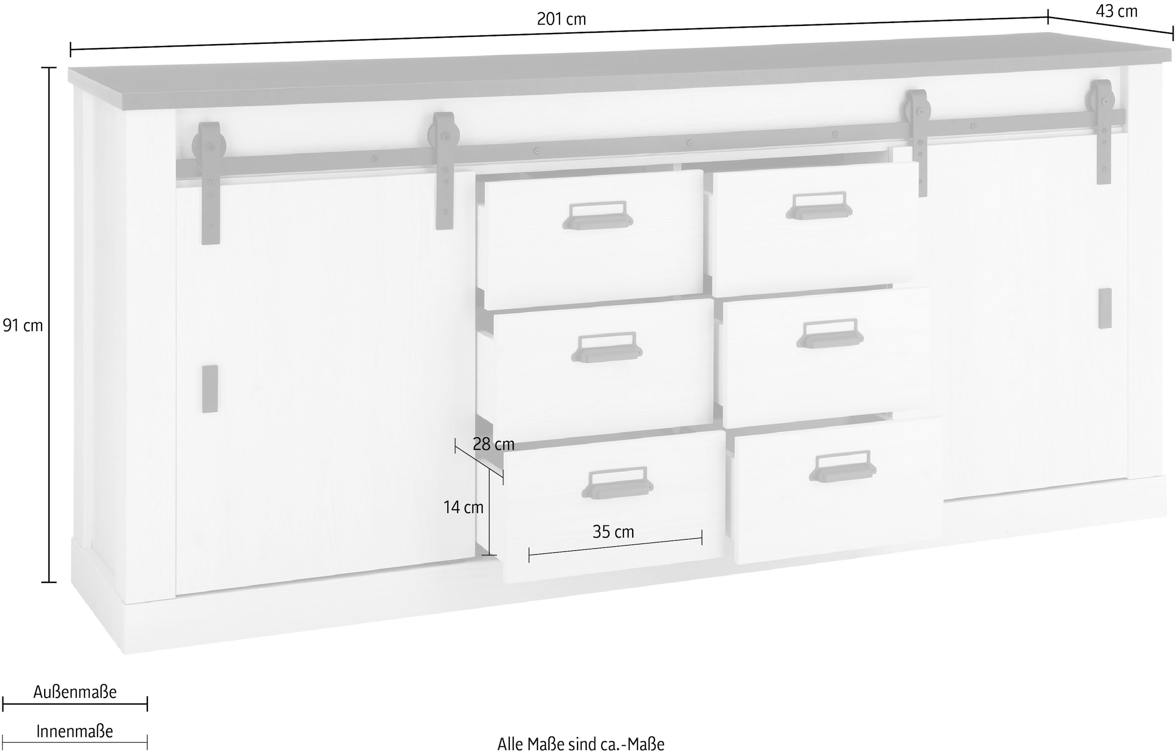 Home affaire Sideboard »SHERWOOD«, modernes Holz Dekor, mit Scheunentorbeschlag aus Metall, Breite 201 cm