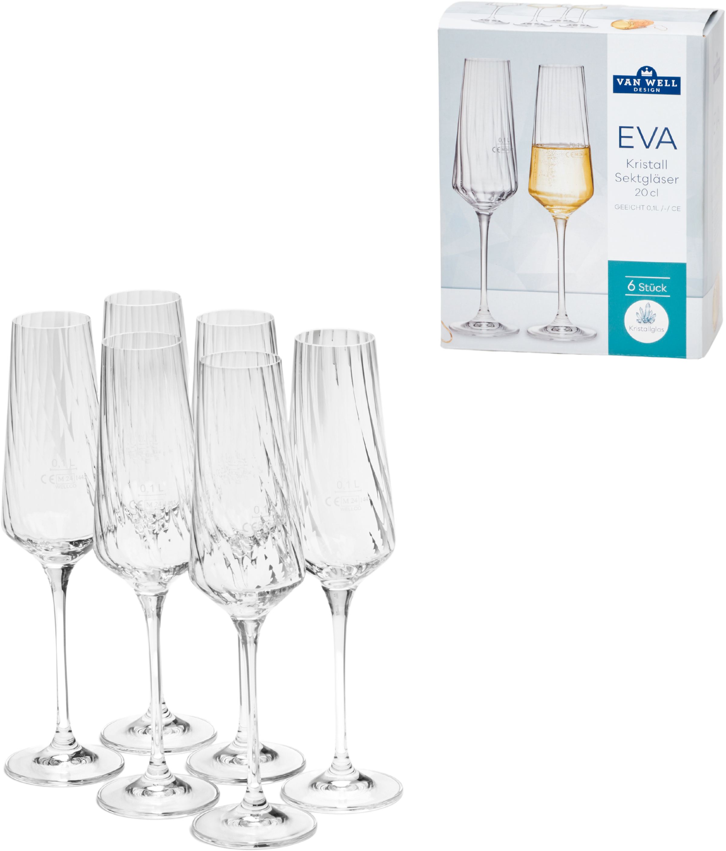 van Well Sektglas »Eva, Sektgläser 20 cl geeicht, 6 Stück«, (Set, 6 tlg.), Relief-Optik, spülmaschinengeeignet