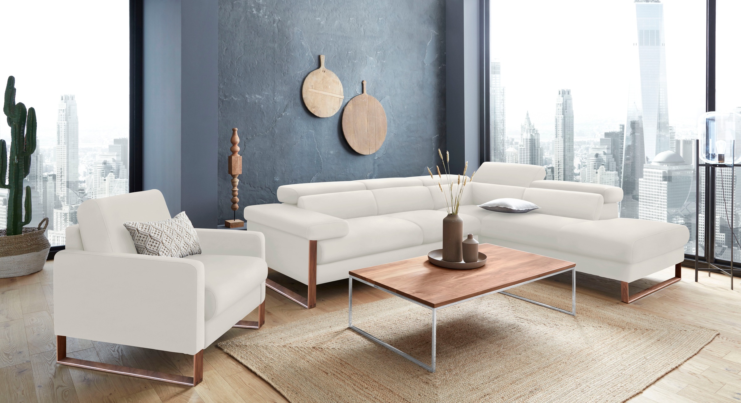 W.SCHILLIG Ecksofa »finn, Designsofa mit tollem Sitzkomfort, bequem, L-Form«, German Design Award 2016, Fußgestell Nussbaum natur, Breite 281 cm