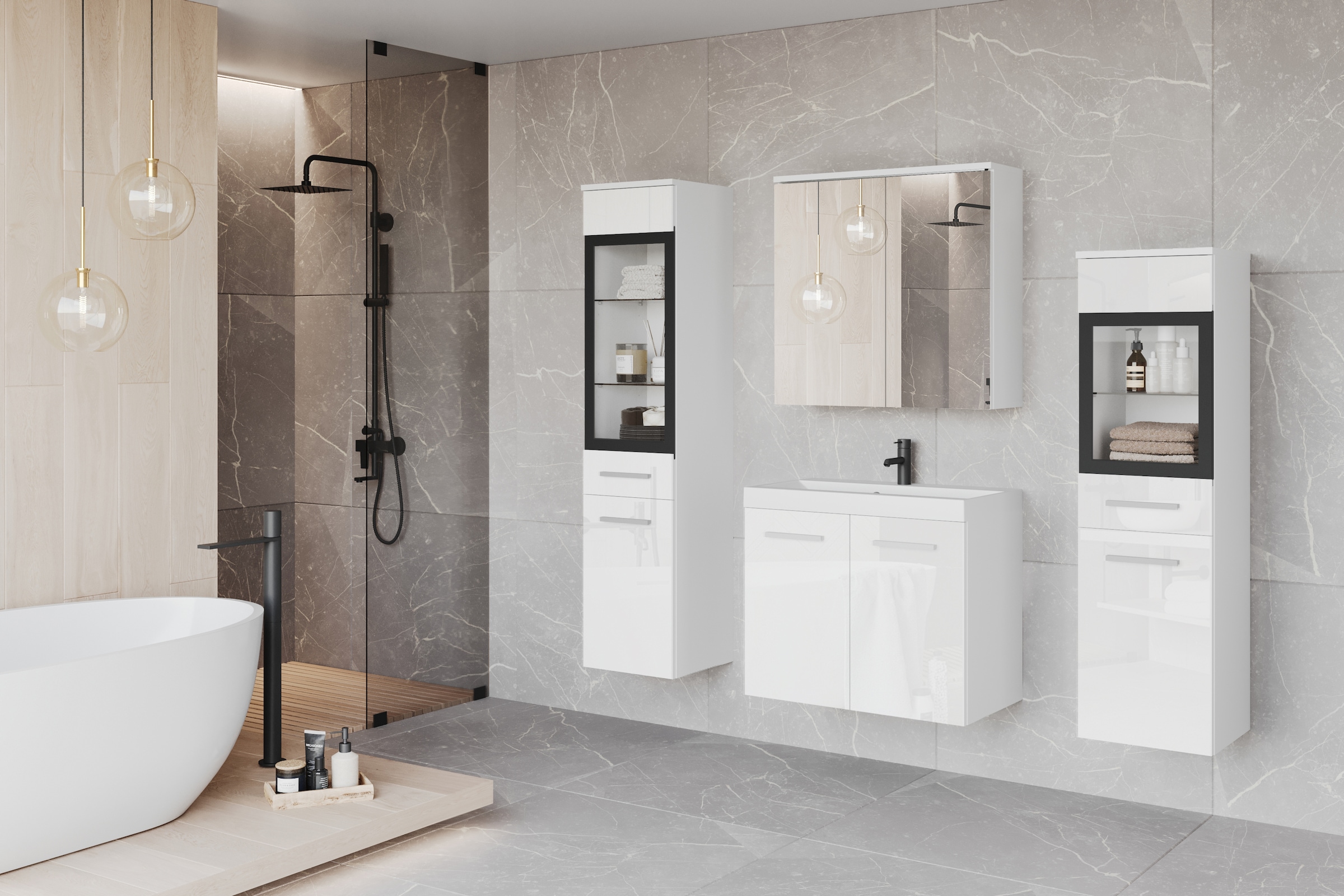 welltime Badmöbel-Set »MADRIT II, Schrank mit Waschbecken, 2 Hänger, Spiegelschrank«, (Komplett-Set, 5 St.), Hängende Badmöbel mit Glaseinsätzen – in vielen Farben erhältlich