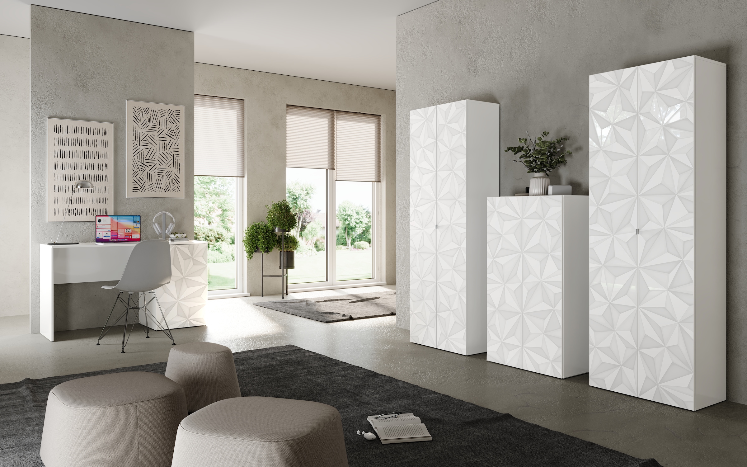 INOSIGN Schreibtisch »Prisma, Breite 120 cm, Tiefe 50 cm, mit Stauraum (1 Tür - 2 Fächer),«, Computertisch, Arbeitstisch, Schminktisch, Tür mit Siebdruck