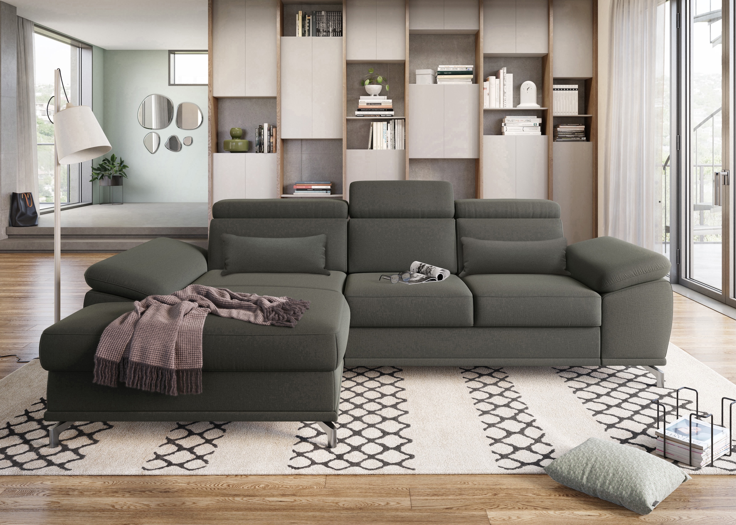 sit&more Ecksofa »Cabrio L-Form, mit Sitztiefenverstellung, Arm- und Kopfteilverstellung«, 2 Nierenkissen, Federkern, optional Bettfunktion und Stauraum