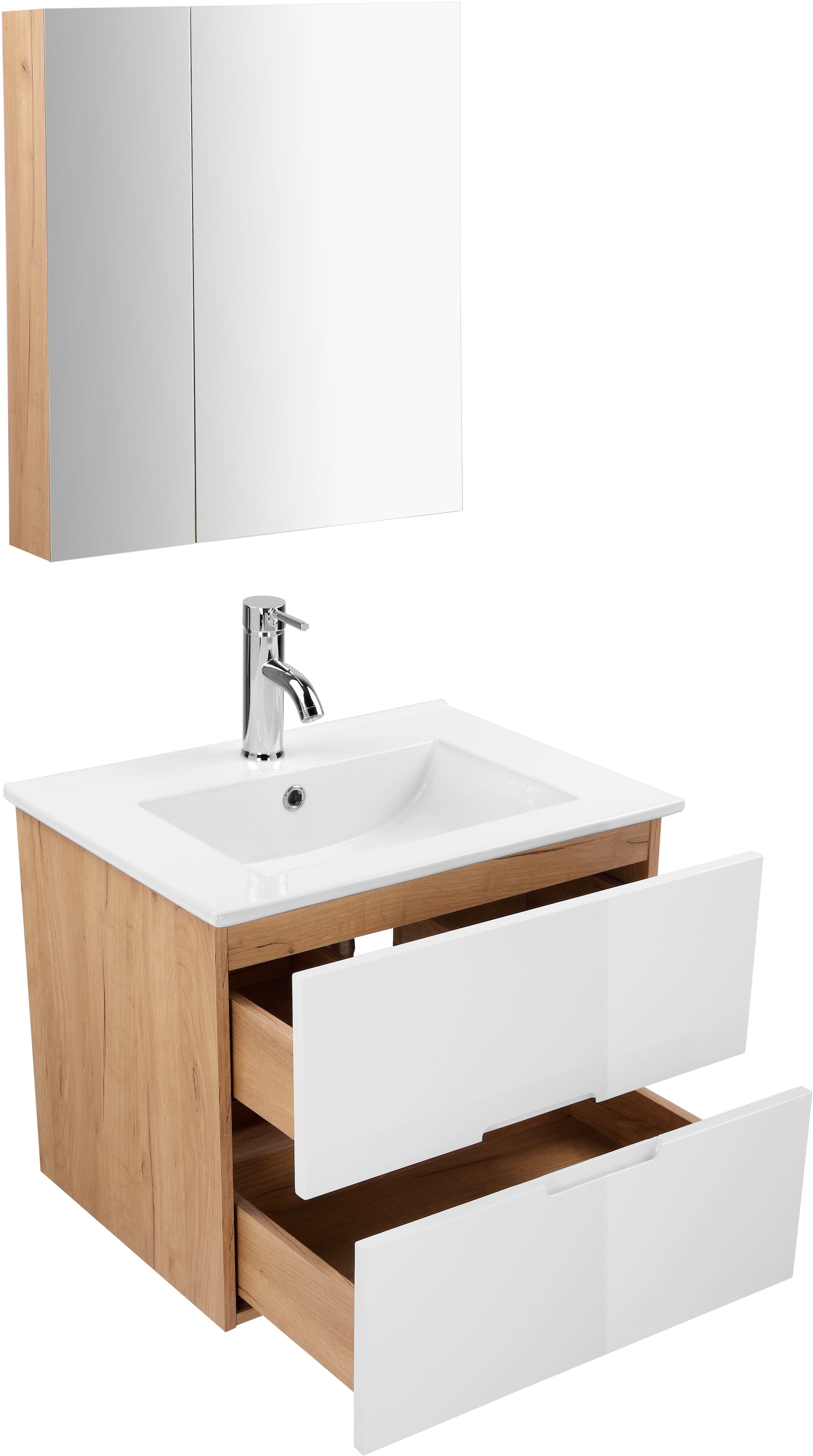 andas Badmöbel-Set »Lund Badmöbel Set Badschrank Badezimmerset«, (Komplett-Set), Spiegelschrank, Waschtisch und Waschbecken Breite 60cm