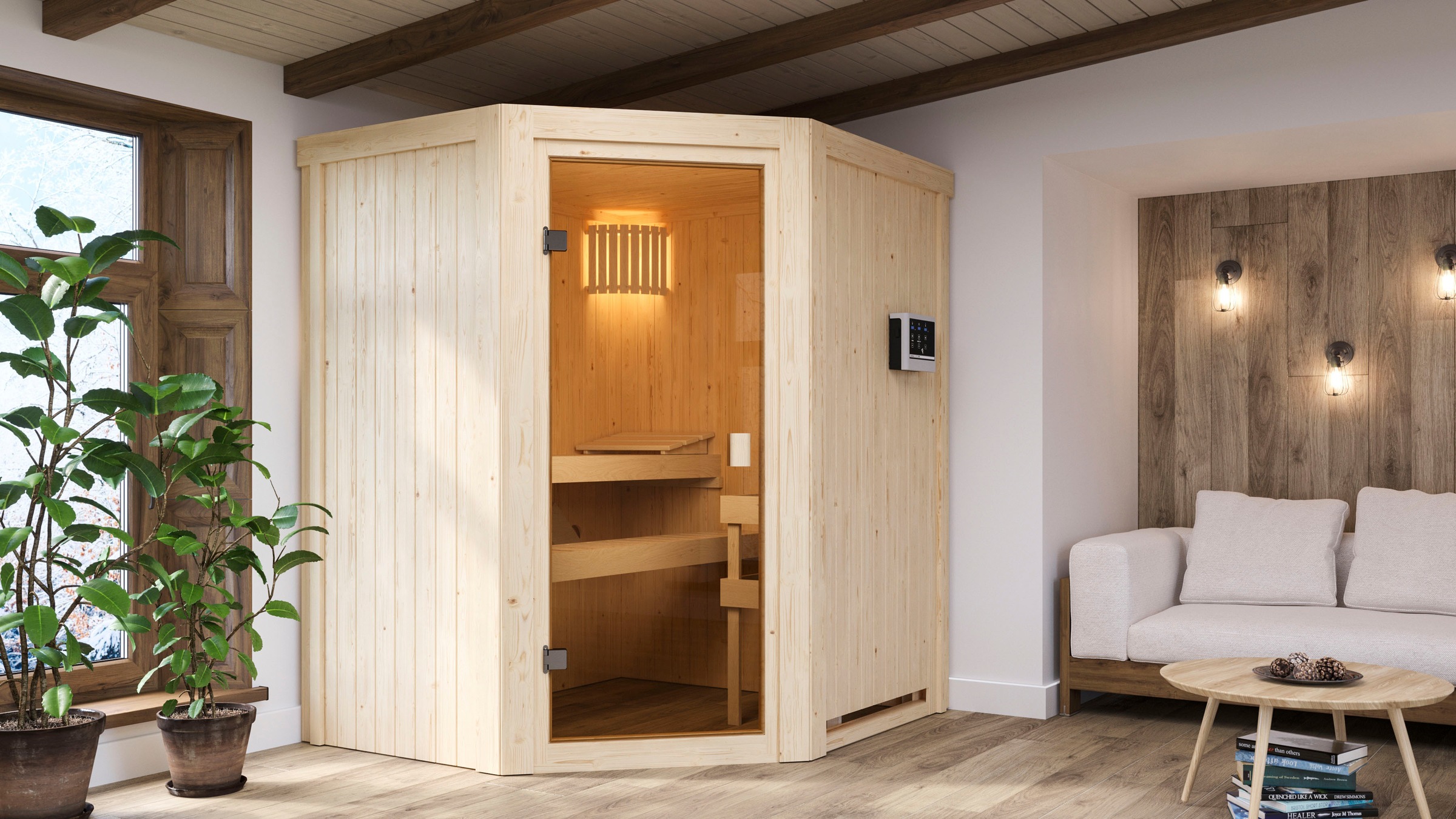 Karibu Sauna »Faurin«, mit Ofen 9 kW Bio mit ext. Strg.