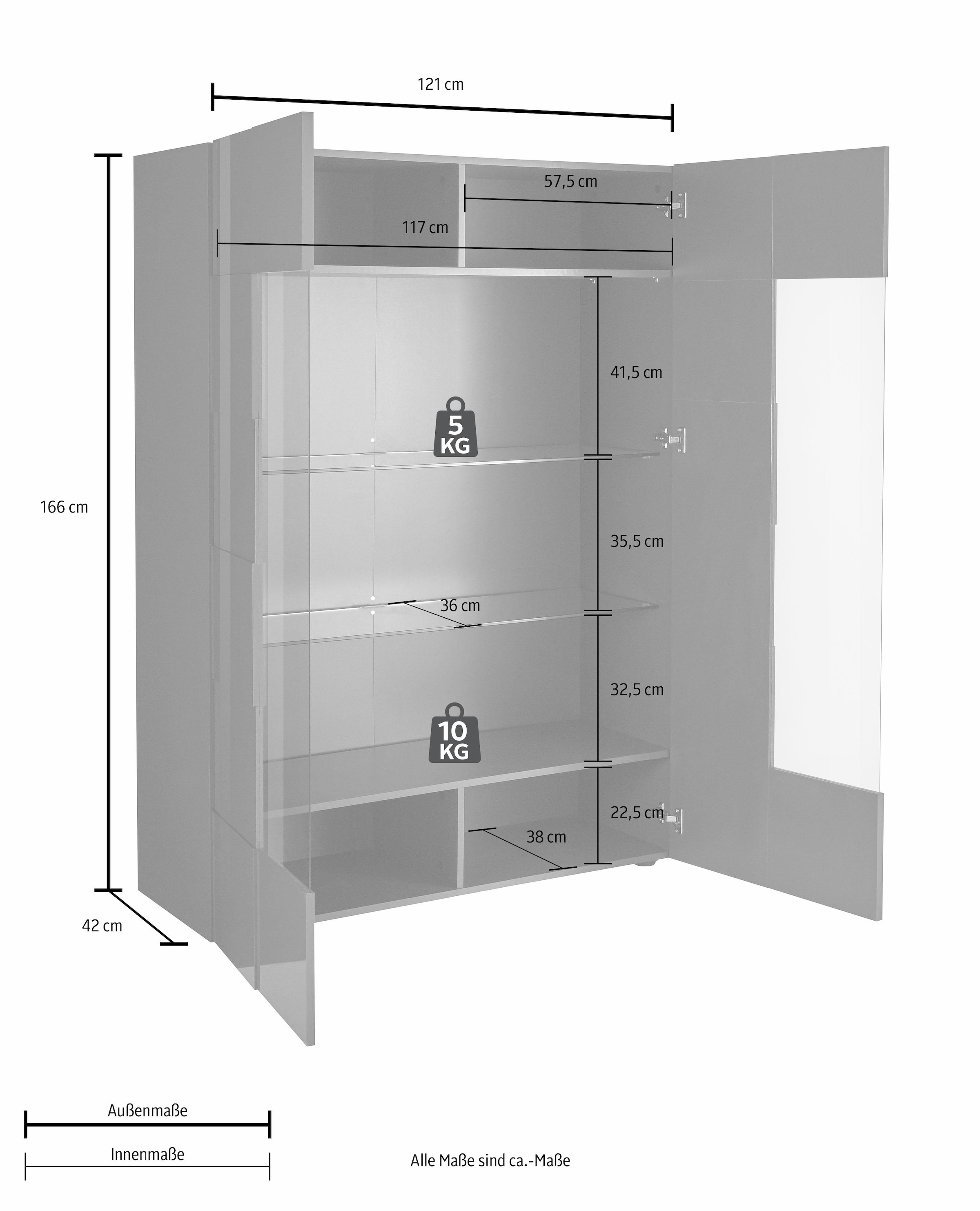 INOSIGN Vitrine »Dama Höhe 166 cm, Breite 121 cm, Stauraumvitrine mit 2 Türen,«, Standvitrine - Front in 3D-Optik, viel Stauraum, verschiedene Farben