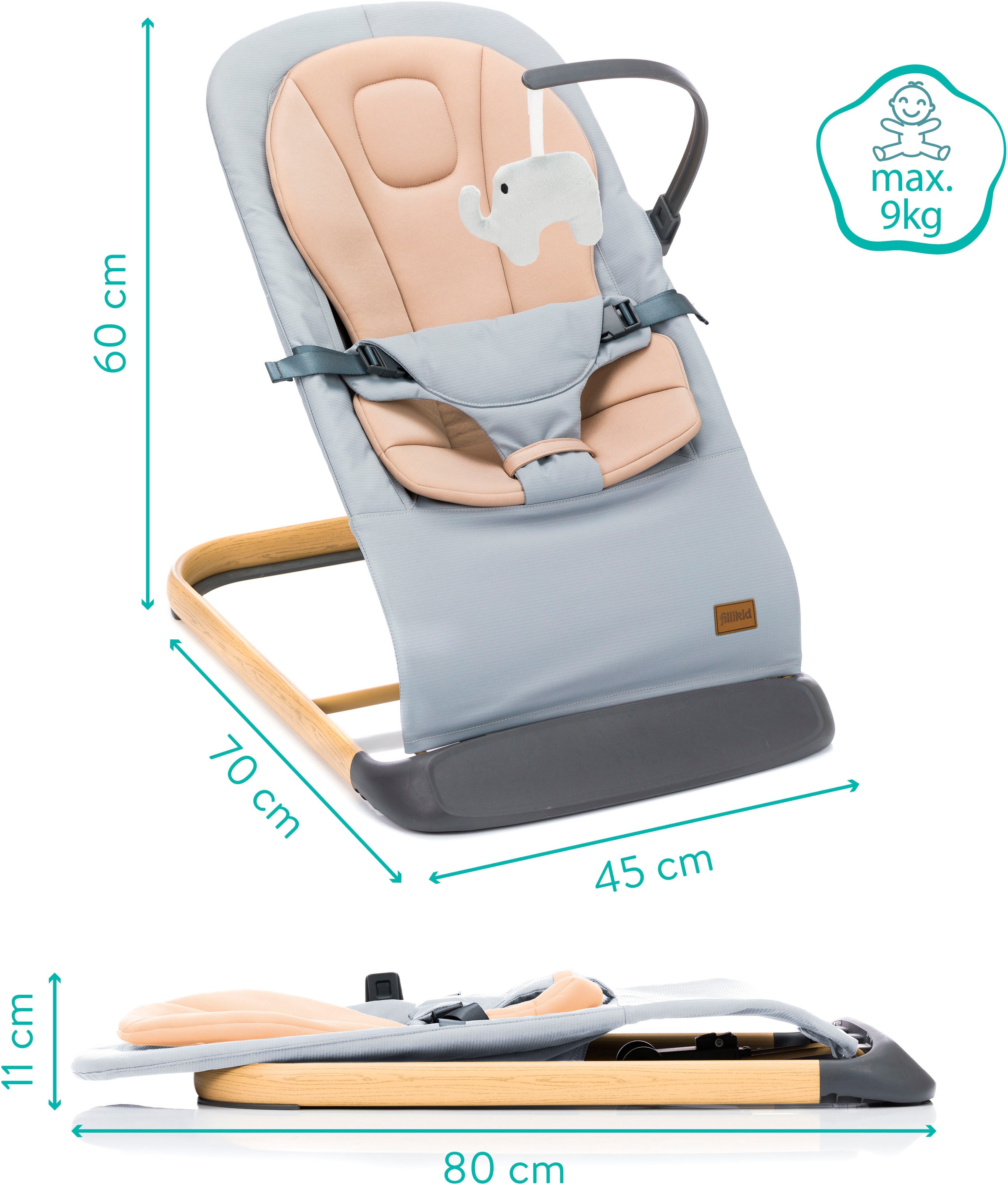 Fillikid Babywippe »Star grau beige, inkl. Spielbogen und Reduktionskissen«, bis 9 kg