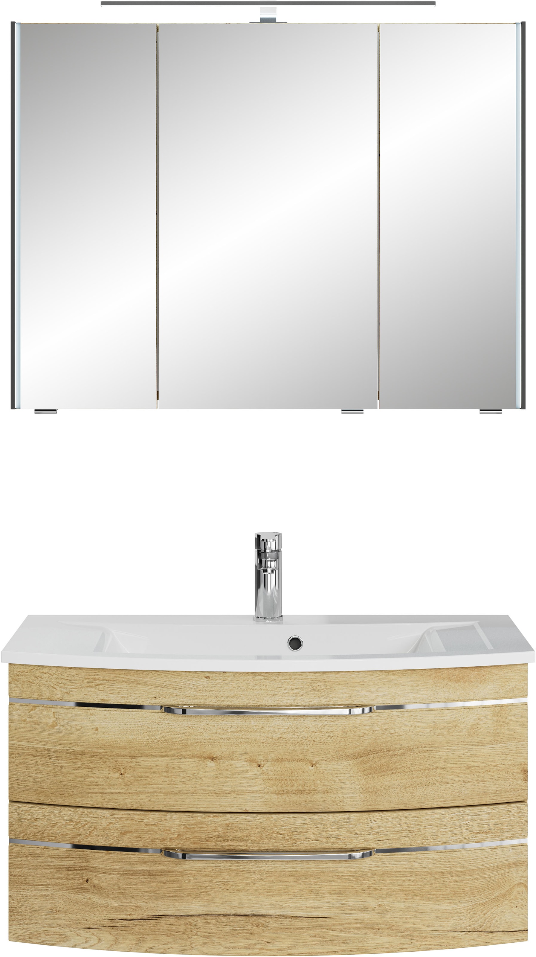 Saphir Badmöbel-Set »Serie 7045 2-teilig Mineralmarmor-Waschtisch mit LED-Spiegelschrank«, (Set, 2 St.), Badezimmer-Set 93,2 cm breit, inkl. Türdämpfer, 3 Türen, 2 Schubladen