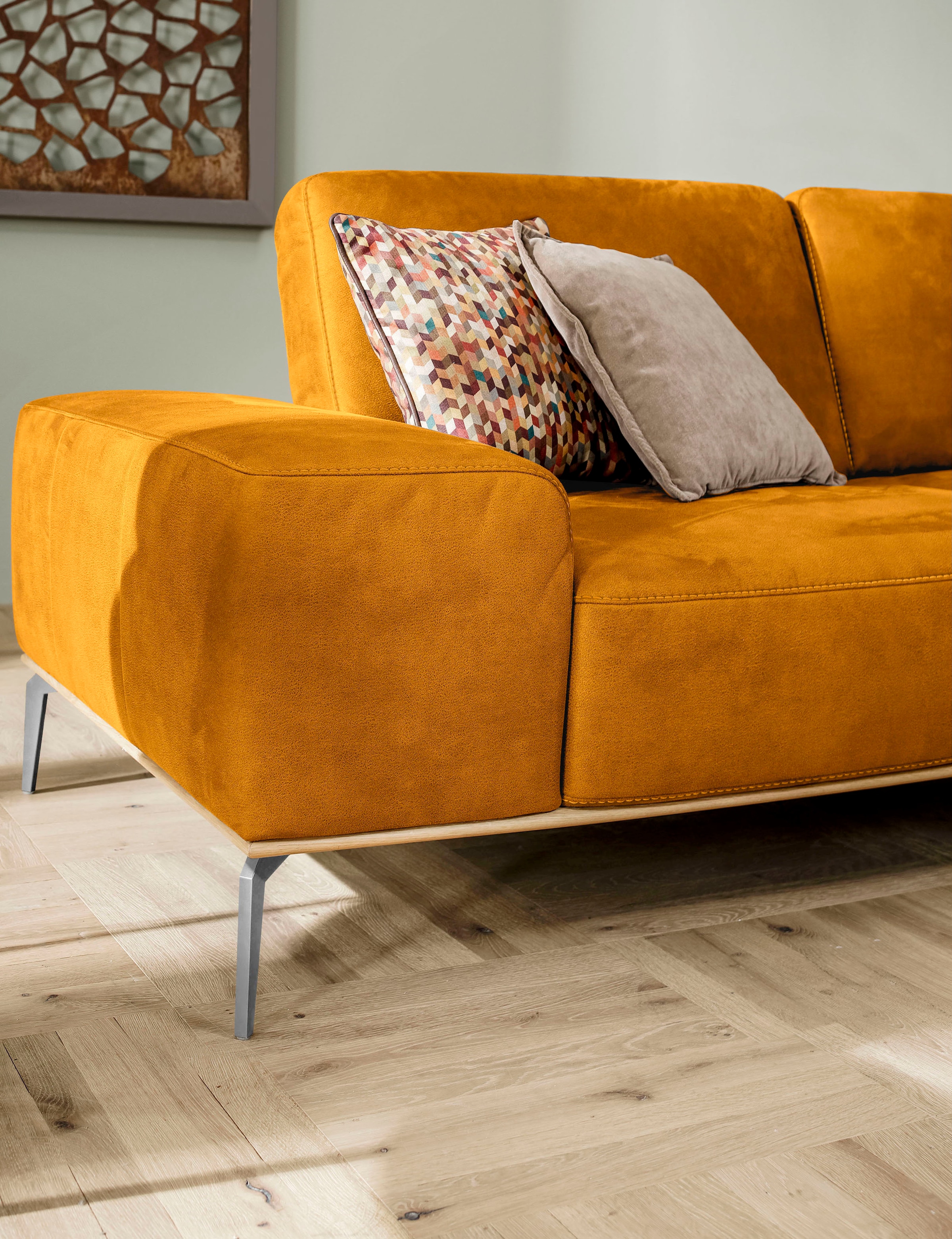 W.SCHILLIG Ecksofa »run, Designsofa mit tollem Sitzkomfort, bequem, L-Form« mit elegantem Holzsockel, Füße in Chrom glänzend, Breite 319 cm