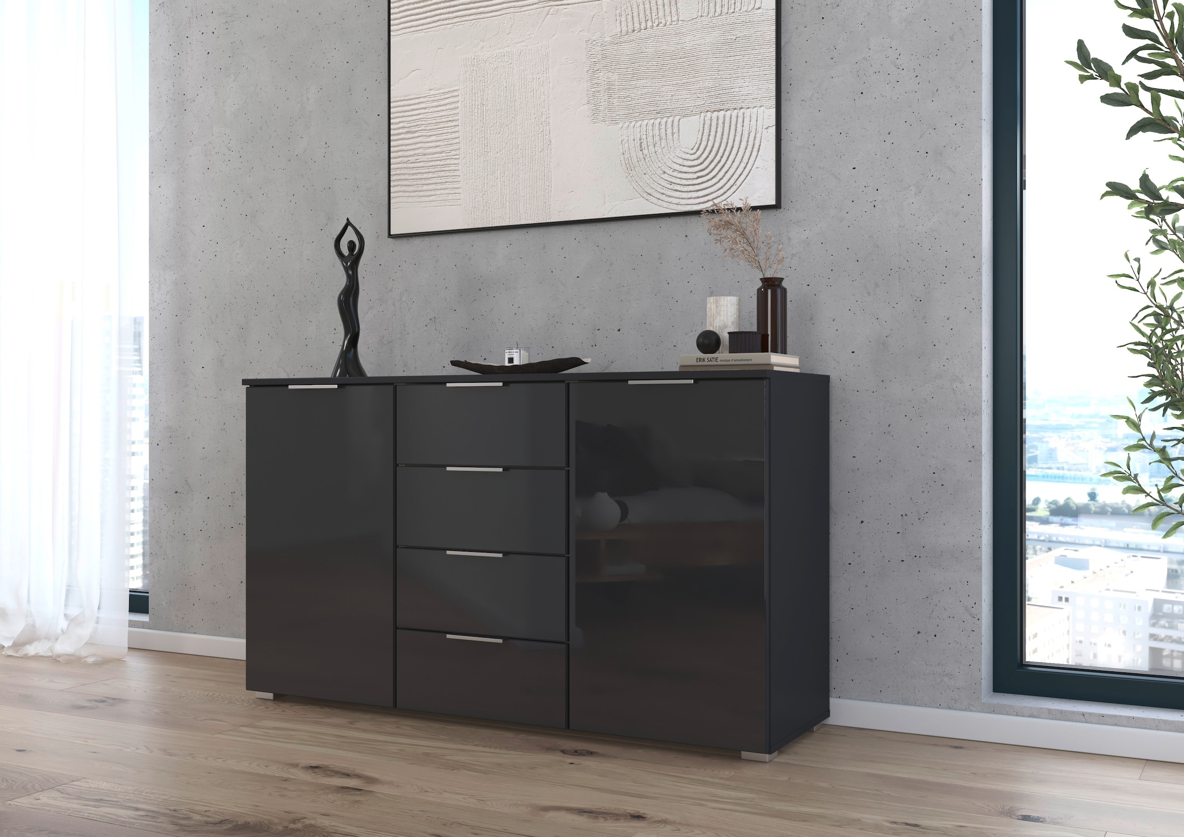 rauch Kombikommode »Sideboard Kombikommode Schubladenkommode AGORDO mit Glasfront«, (in zwei Griff-Farben, Breite 120 cm), vier große Schubladen, mit insgesamt 4 Einlegeböden MADE IN GERMANY