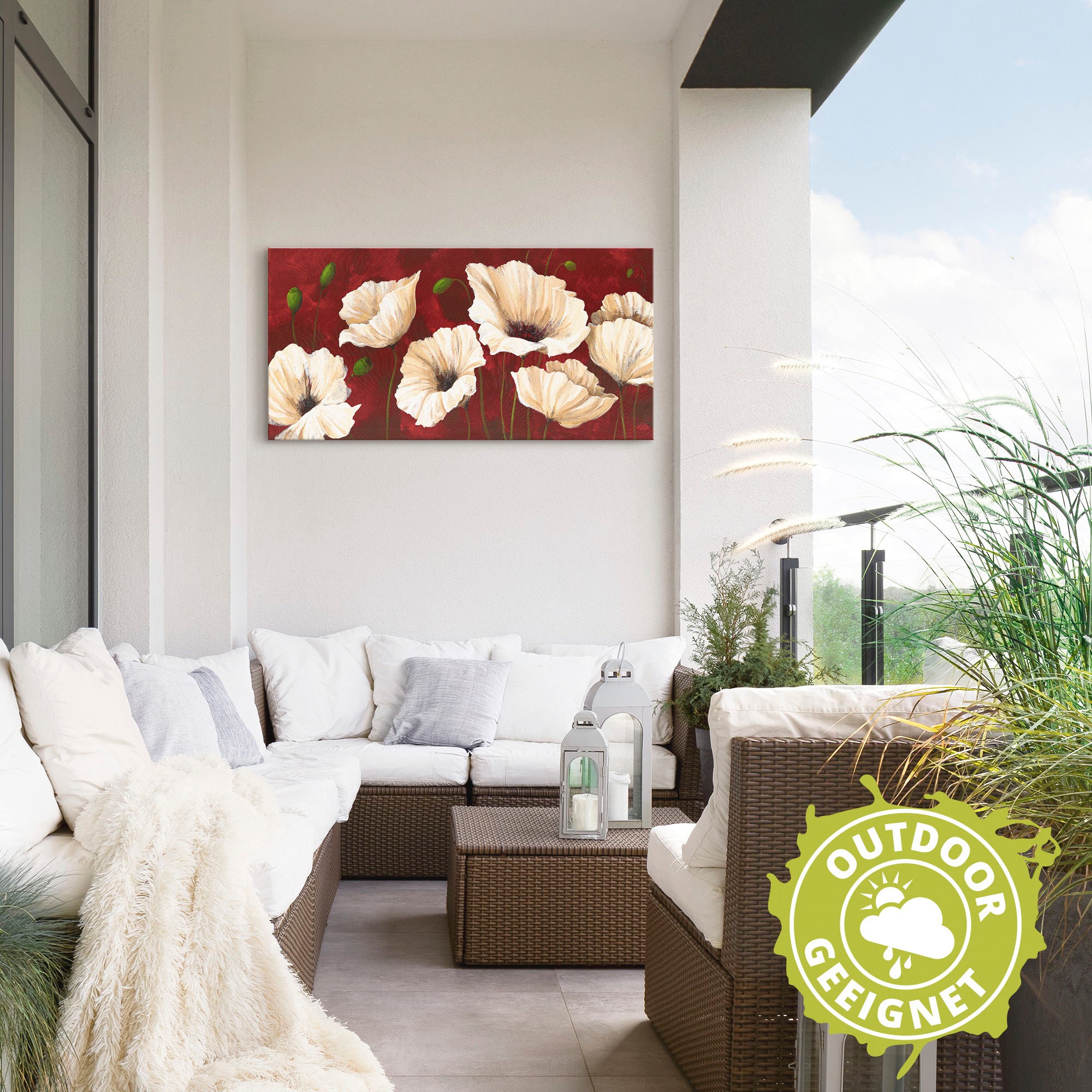 Artland Wandbild »Weiße Mohnblumen vor rot«, Blumen, (1 St.), als Alubild, Outdoorbild, Leinwandbild, Poster, Wandaufkleber