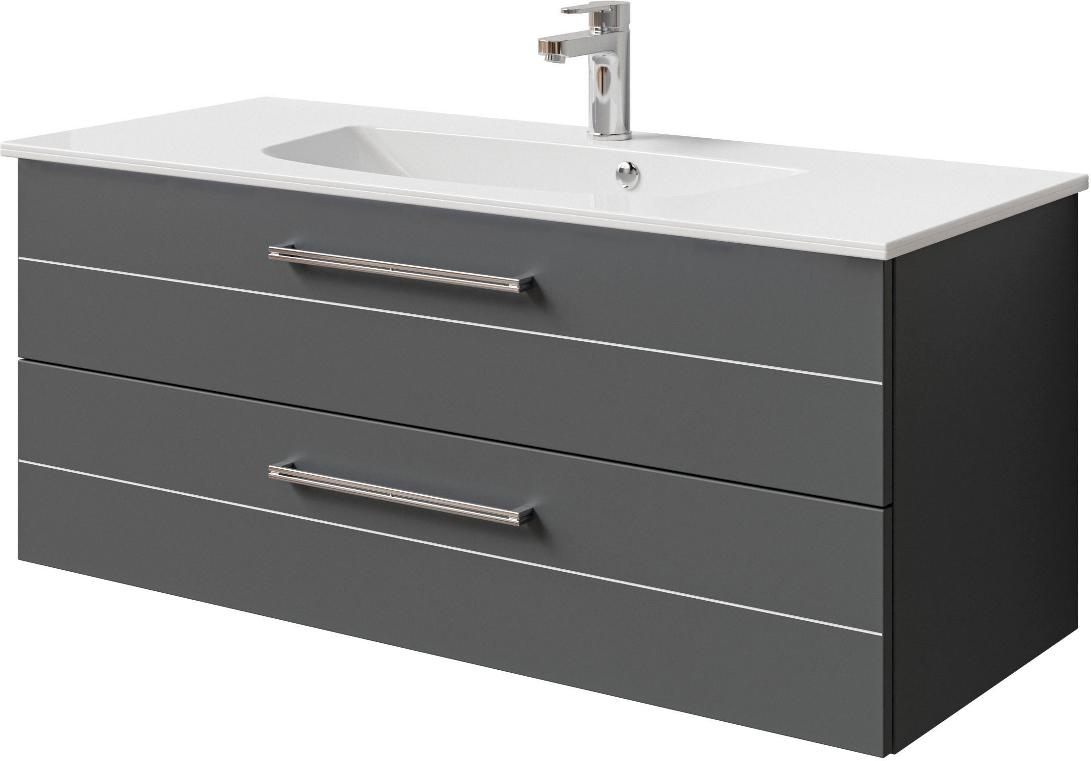 Saphir Badmöbel-Set »Serie 6025 2-teilig Mineralmarmor-Waschtisch mit LED-Spiegelschrank«, (2 St.), Waschplatz 117cm breit, 2 Schubladen, 3 Spiegel-Türen, inkl Türdämpfer