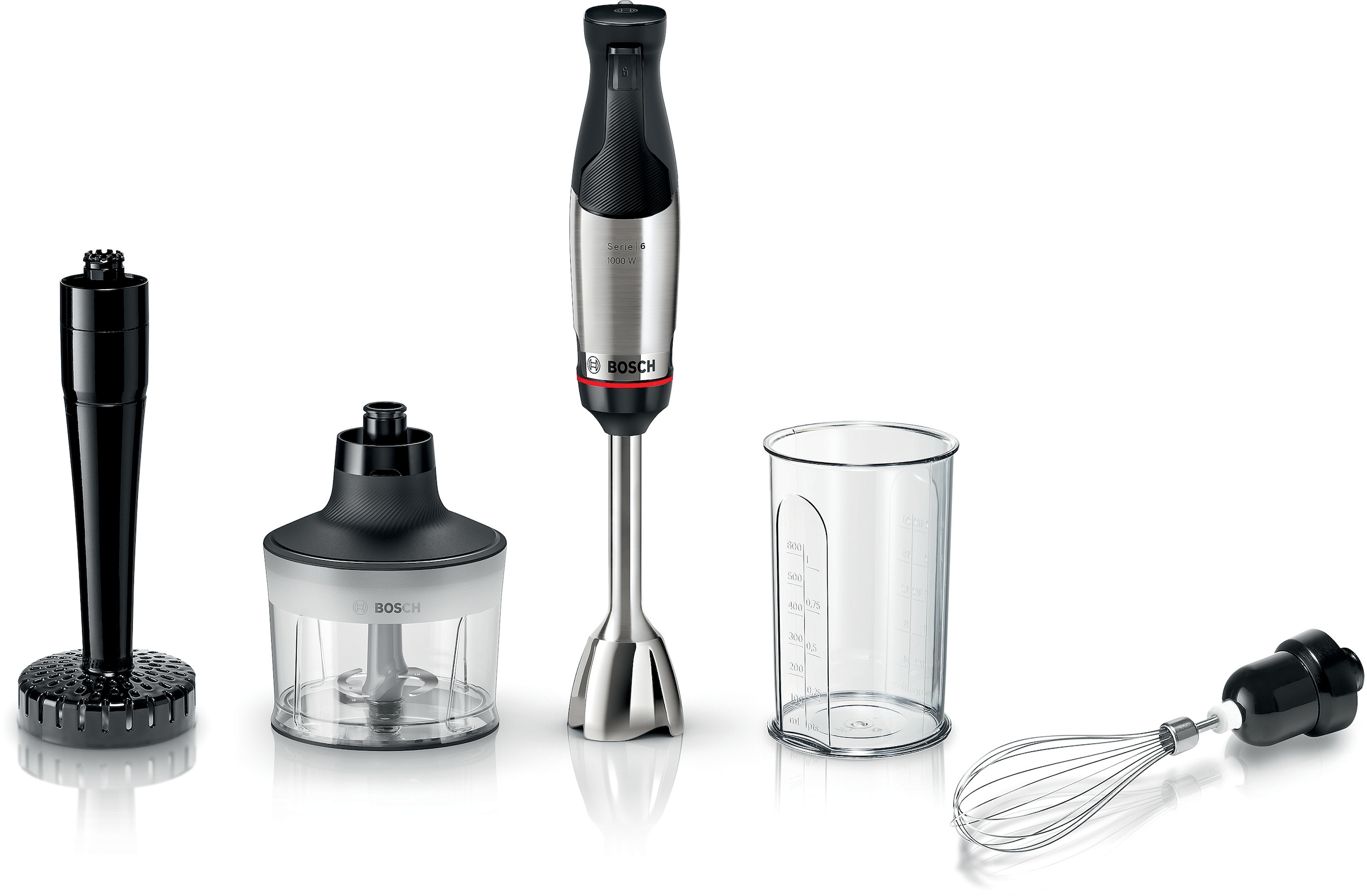 BOSCH Stabmixer »ErgoMaster Serie 6 MSM6M633, Zerkleinerer, Kartoffelstampfer, Edelst.«, 1000 W, Schneebesen, Becher, Metallkuplung, Luftkühlung, 10Jahre Motorgarantie