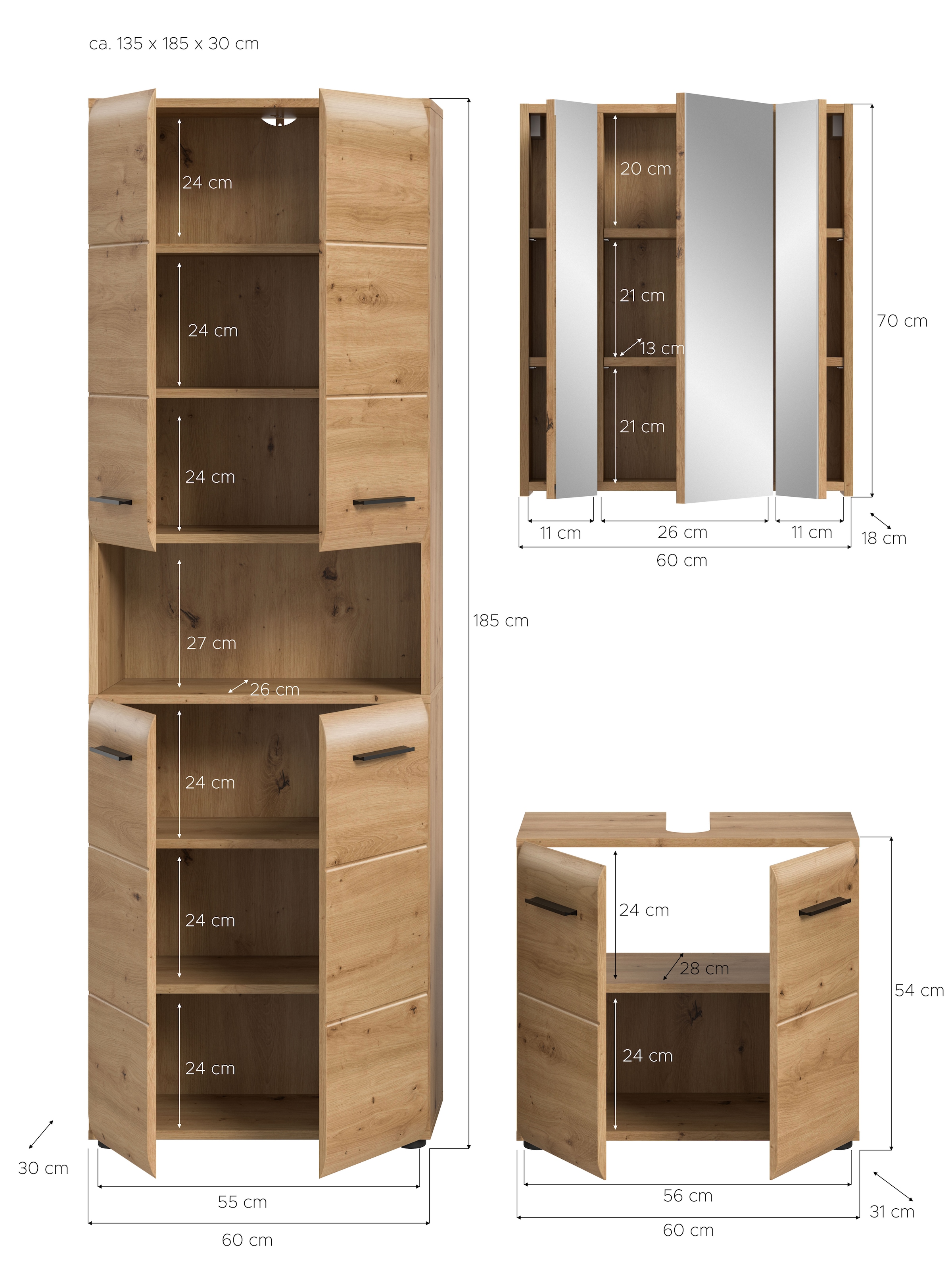 INOSIGN Badmöbel-Set »FLORENZ, TOPSELLER!, 3-teilige Badkombination, hochwertige MDF-Front«, (Set, 3 St., best. aus: 1 Hochschrank, 1Waschbeckenunterschrank, 1 Spiegelschrank), Bad-Kombination, Bad-Möbel, Badezimmer, Kombination, Kombi