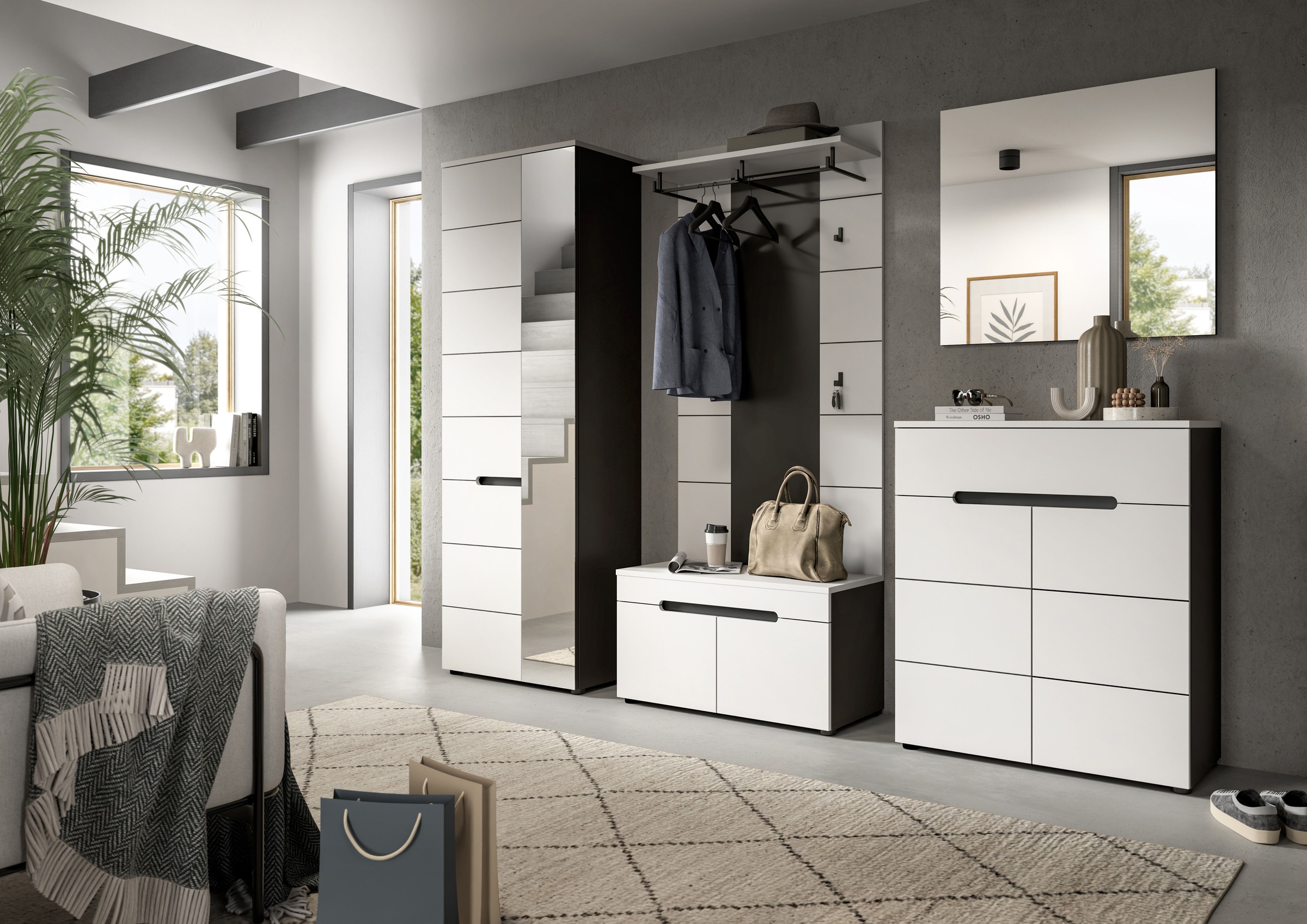 INOSIGN Garderobenschrank »REHAT, TOPSELLER!, Höhe 190cm, 2 Türen, 6 Fächer, 1 Kleiderstange«, (1 St., in verschiedenen Farben erhältlich), Garderobe, Flurschrank, Dielenschrank, Kleiderschrank, Garderobenmöbel