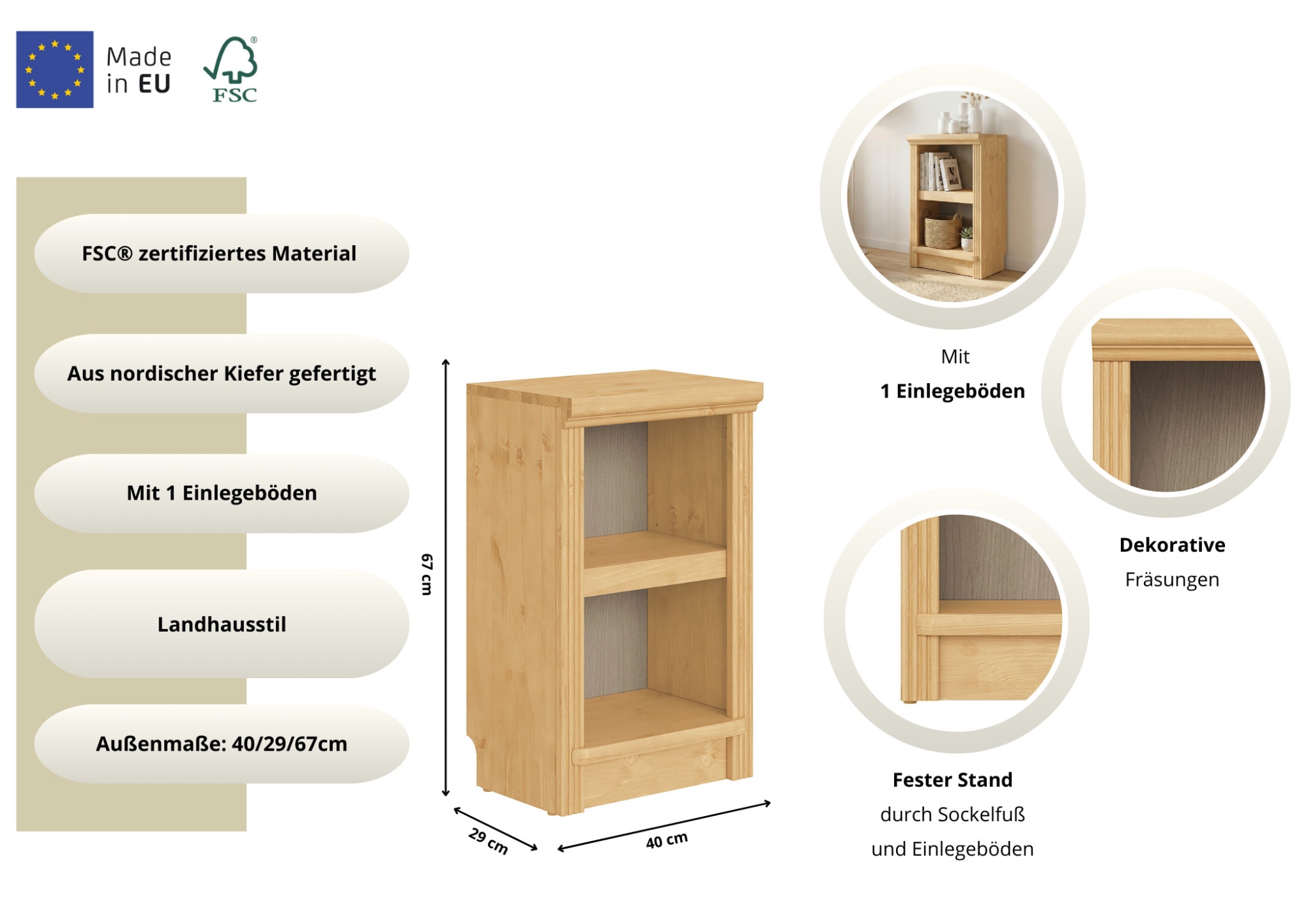 OTTO home Standregal »Riga Bücherregal Regal Breite/Tiefe 40/29 cm« aus massiver Kiefer, FSC®-zertifiziert, made in Europe