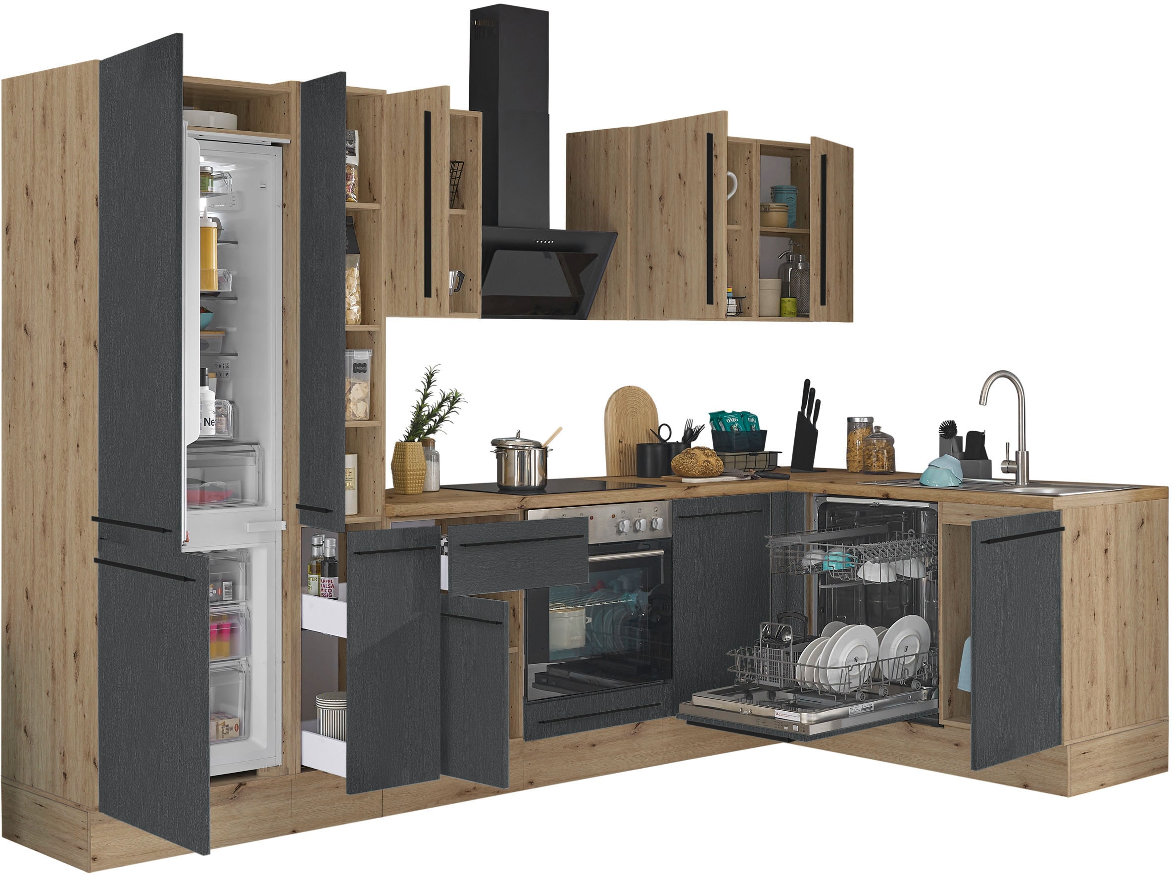 KOCHSTATION Winkelküche »Florida, Stellbreite 310x175 cm« wahlweise mit E-Geräten, mit Softclose für Türen und Schubkästen