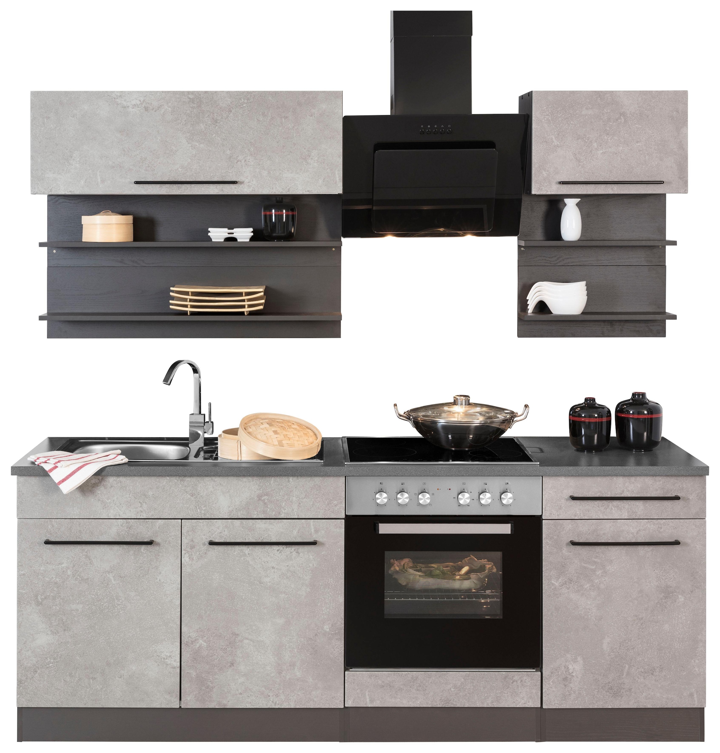 KOCHSTATION Küchenzeile »KS-Tulsa«, mit E-Geräten, Breite 210 cm, schwarze Metallgriffe, MDF Fronten